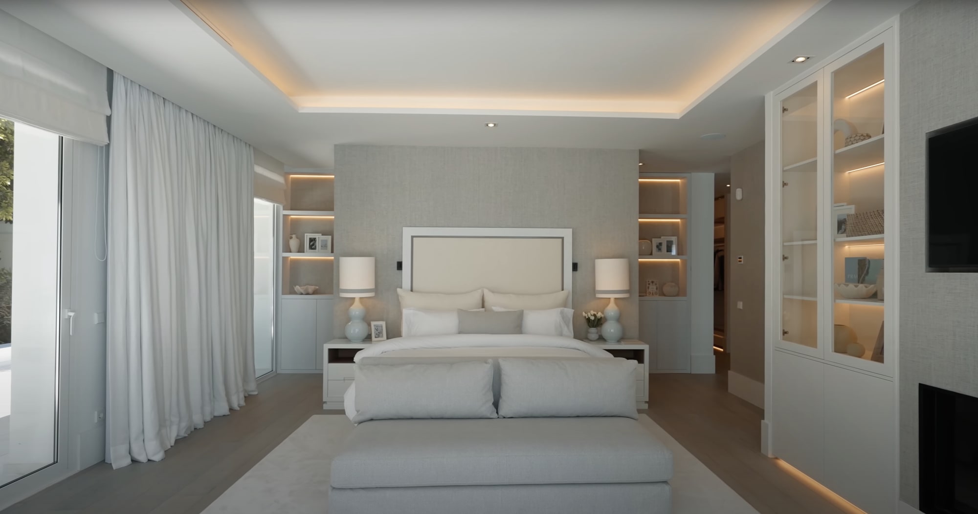 Poolside lounge illuminated by sunset