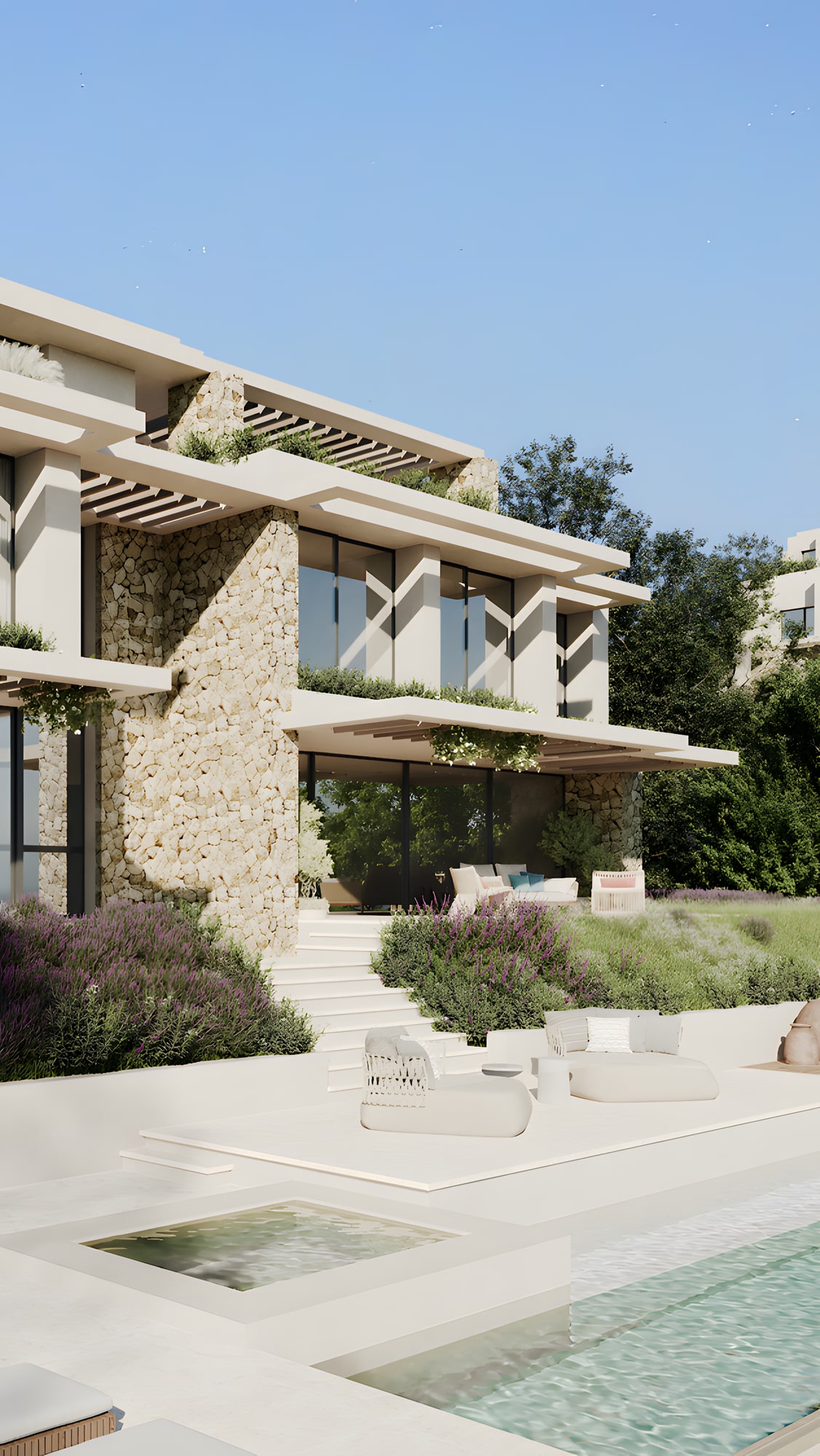 Stone and concrete terraces with lavender garden surroundings