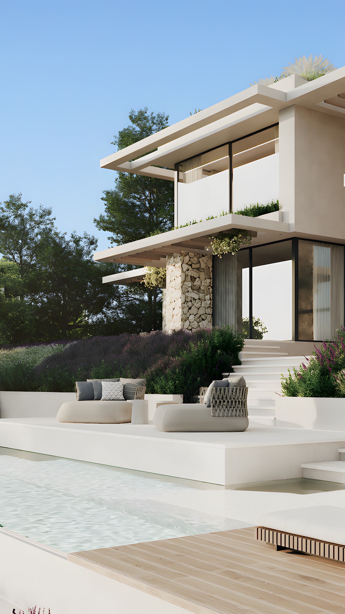 Exterior facade with rustic textures and clean geometry