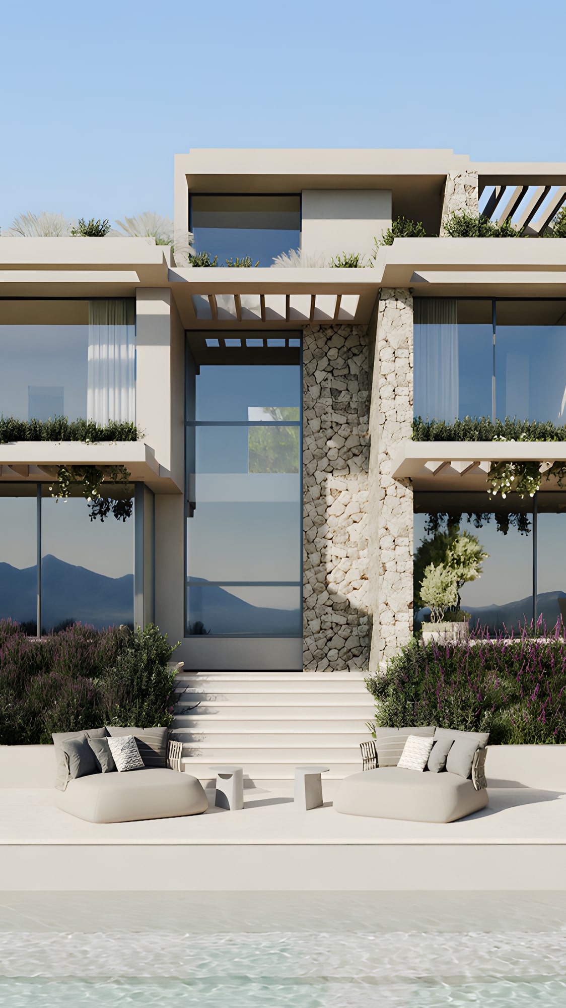 Panoramic view from wooden deck toward horizon