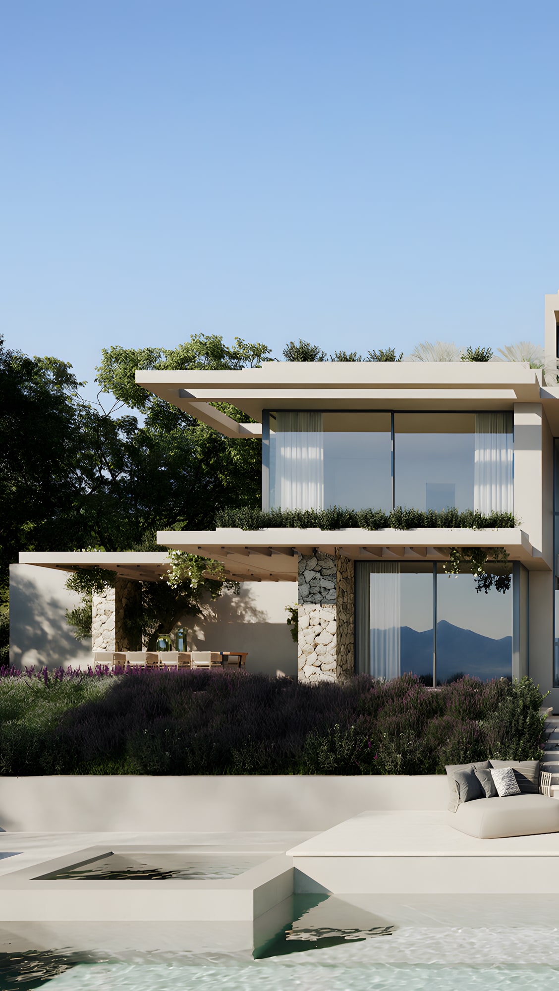Architectural corner framed by trees and stone columns