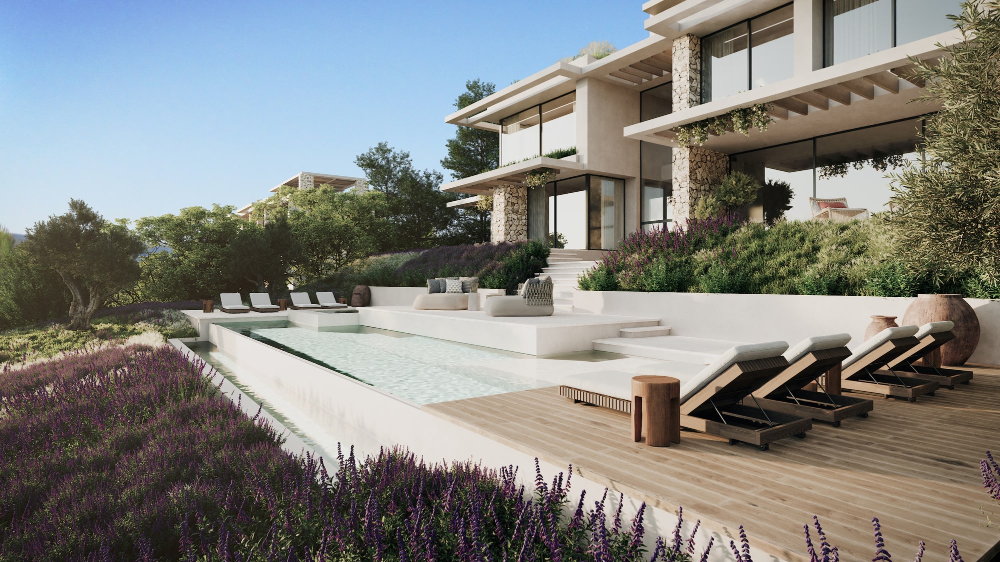 Infinity waterline integrating with hillside garden