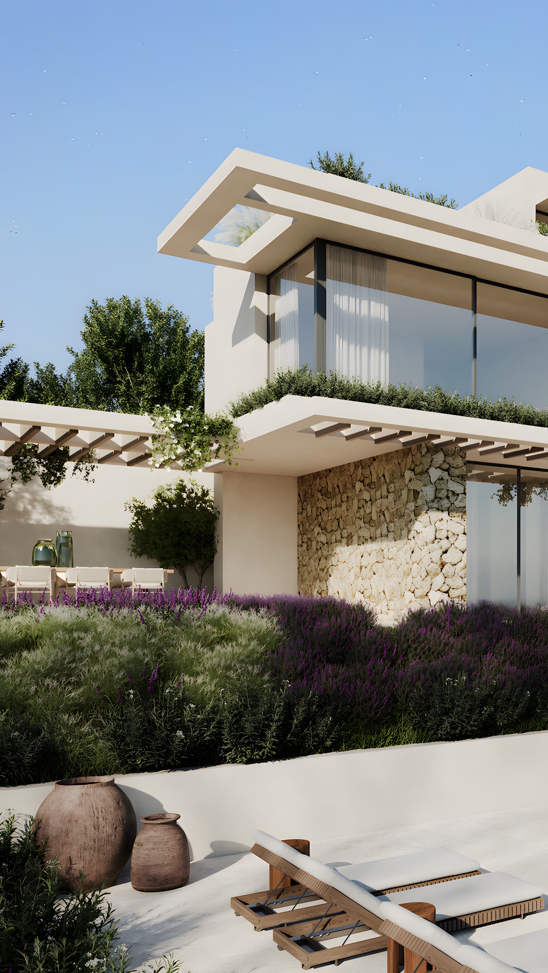 Daybed and lounge furniture positioned along terrace