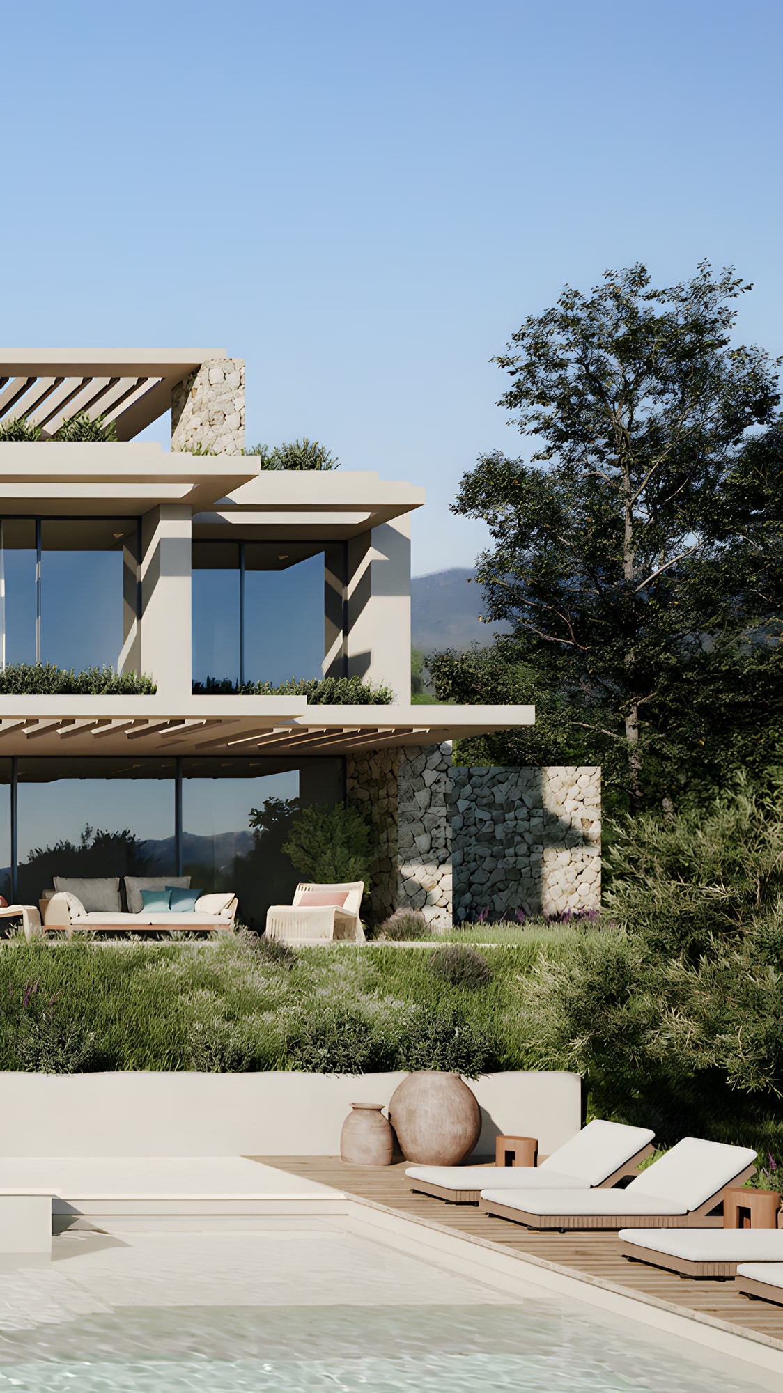 Aerial overview of VILLA ALBORADA immersed in greenery