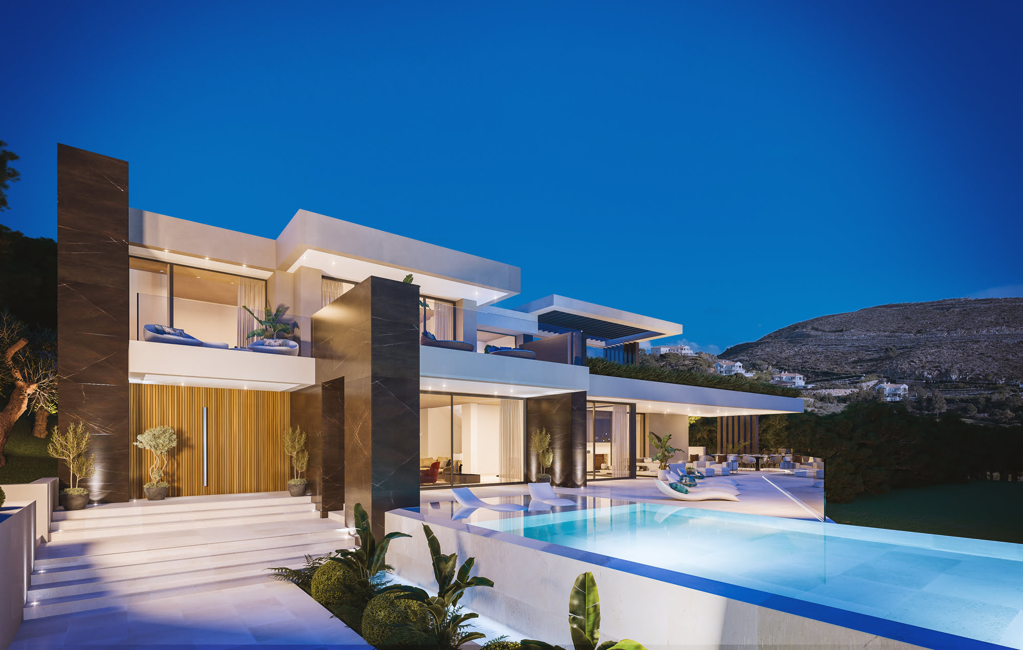 VILLA ALEGRÍA panoramic view with infinity pool at night