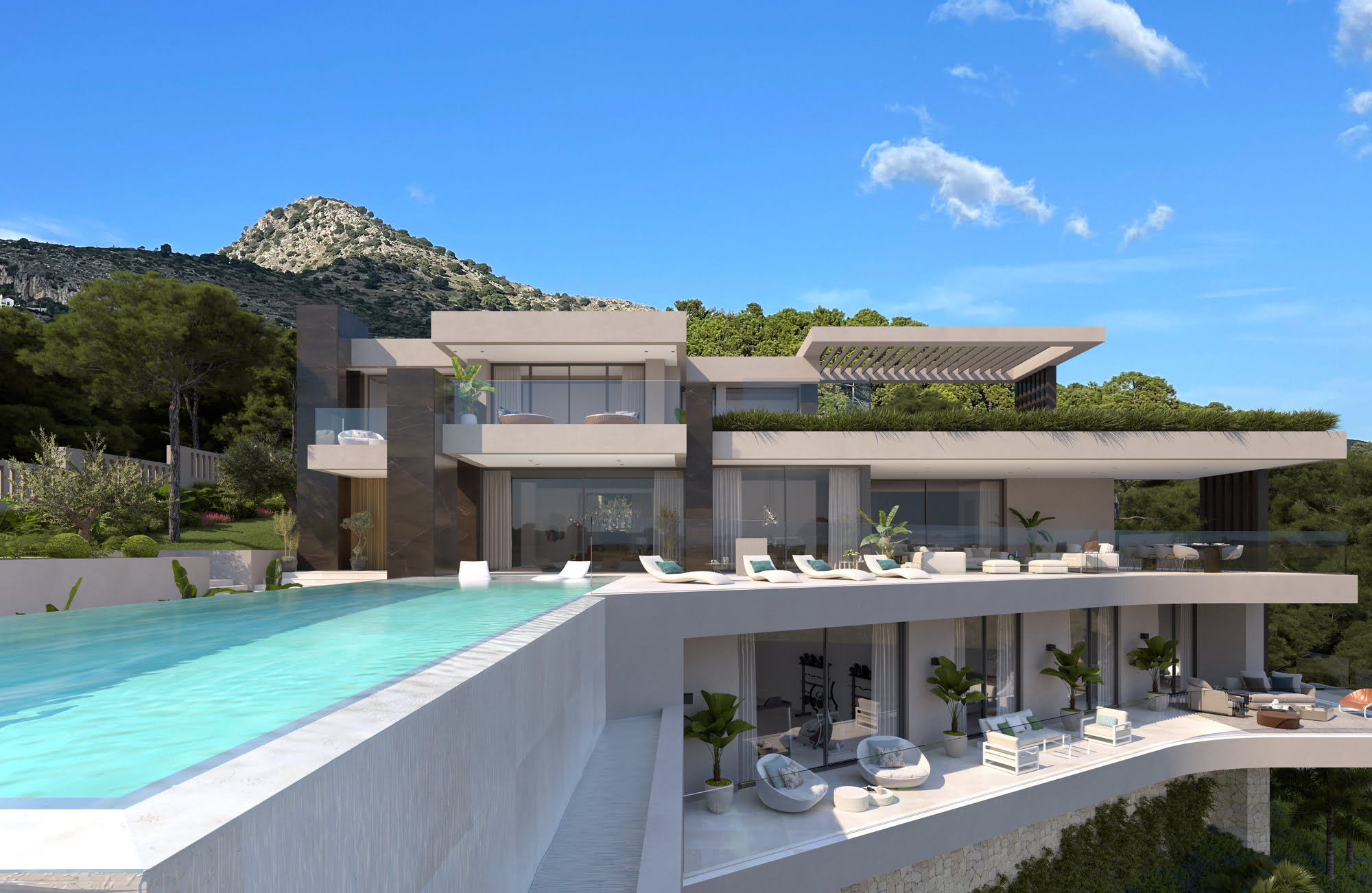 Modern terrace with lounge furniture and landscape views