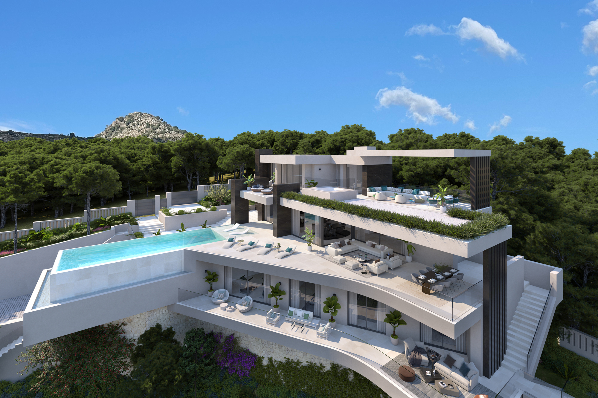 Double-height glazed living room facing the mountains