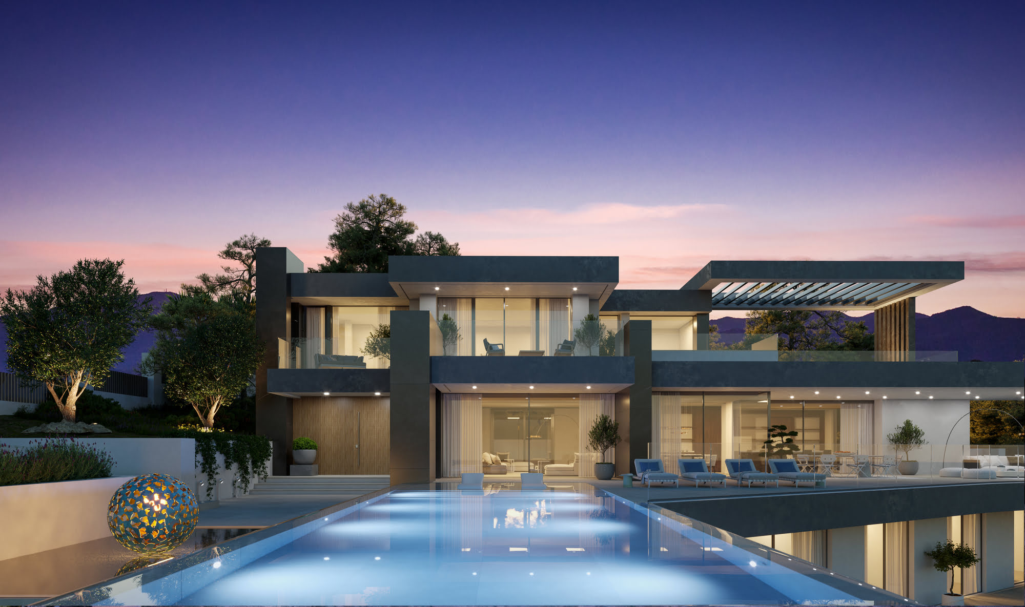 Floating staircase in sculptural atrium
