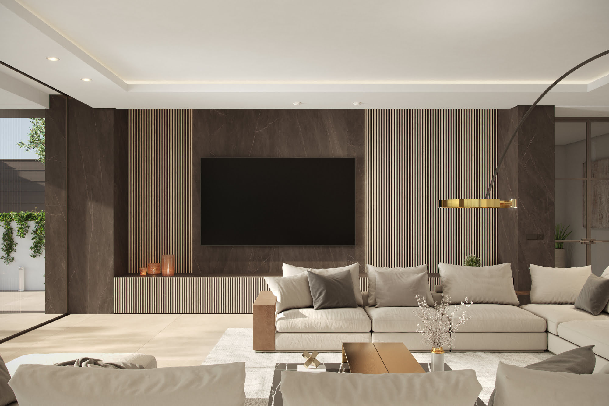 Terrace with open-air dining area and sunset backdrop