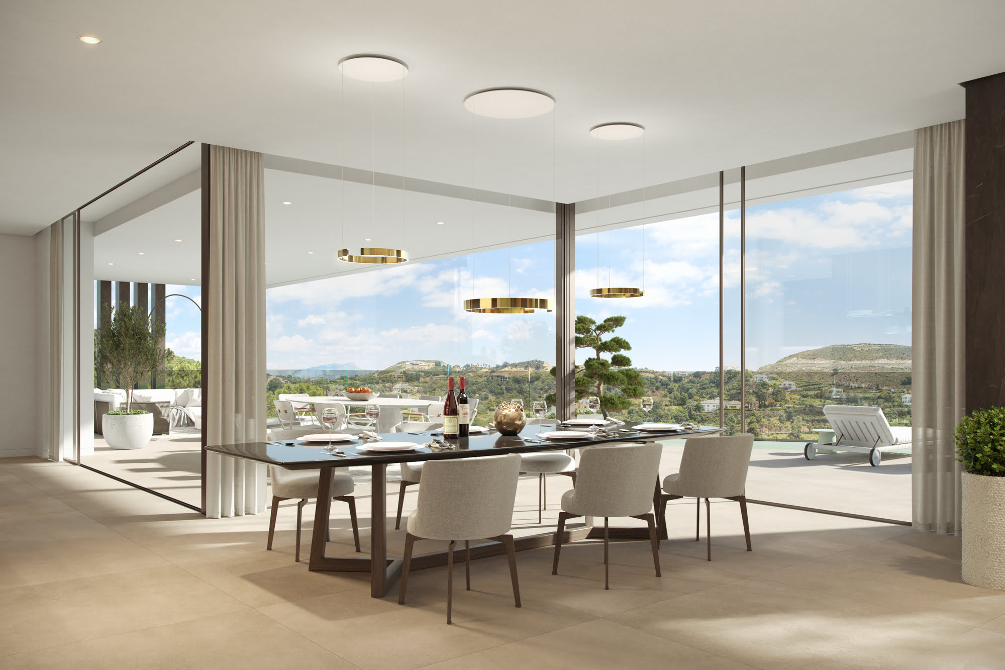 View from the pool reflecting villa’s clean geometry