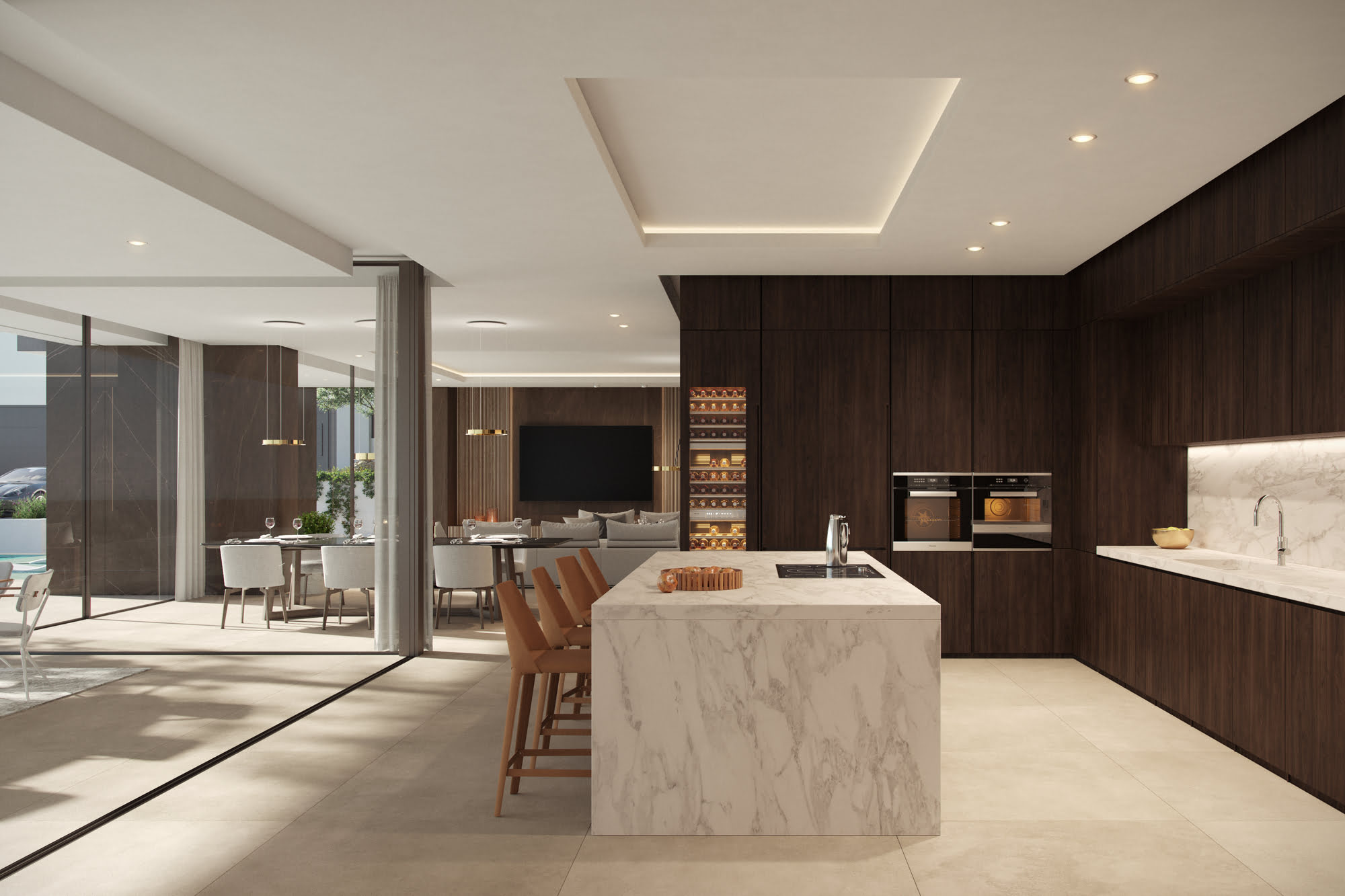 Stone and glass facade detail of VILLA ALEGRÍA