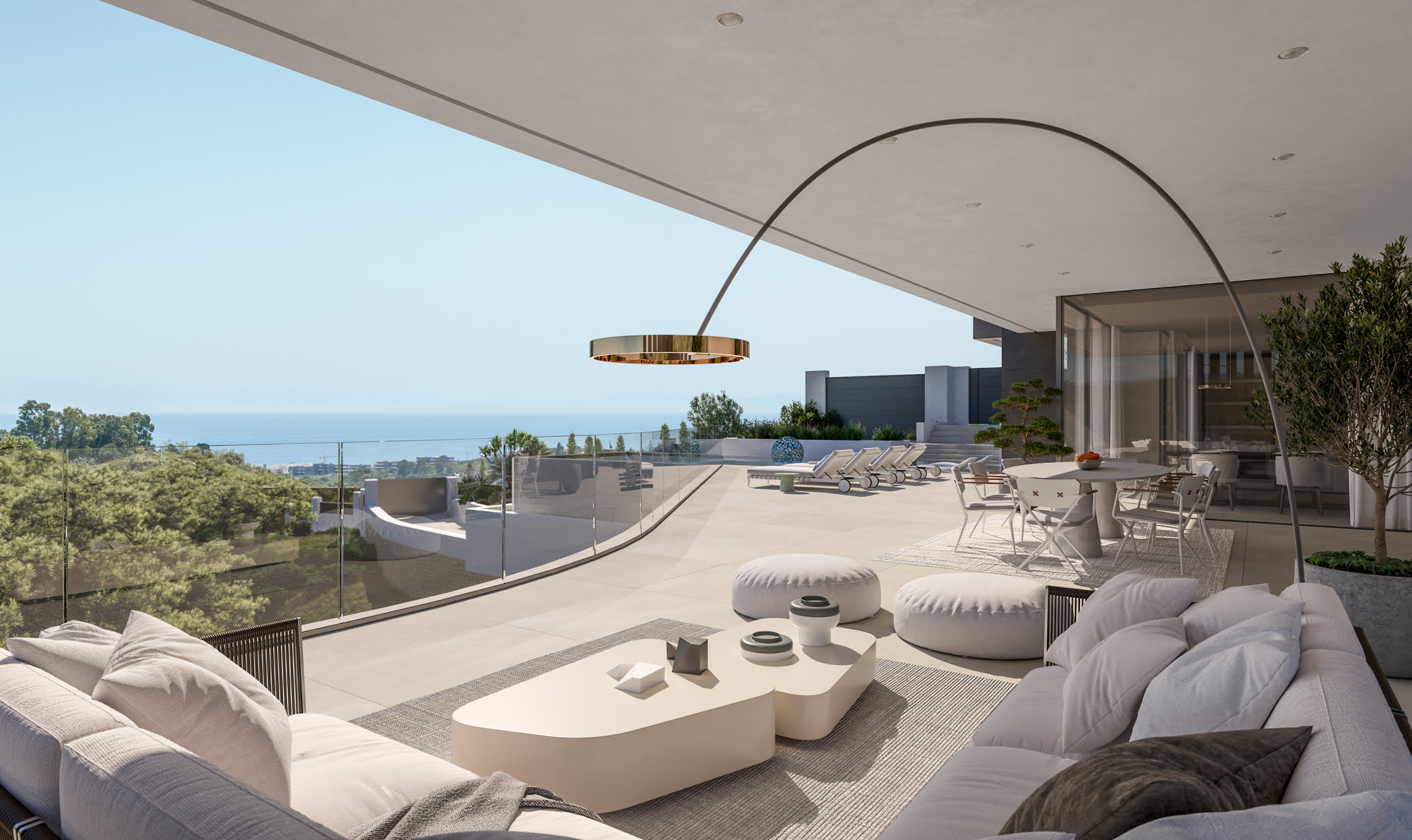 Illuminated exterior lounge area at dusk