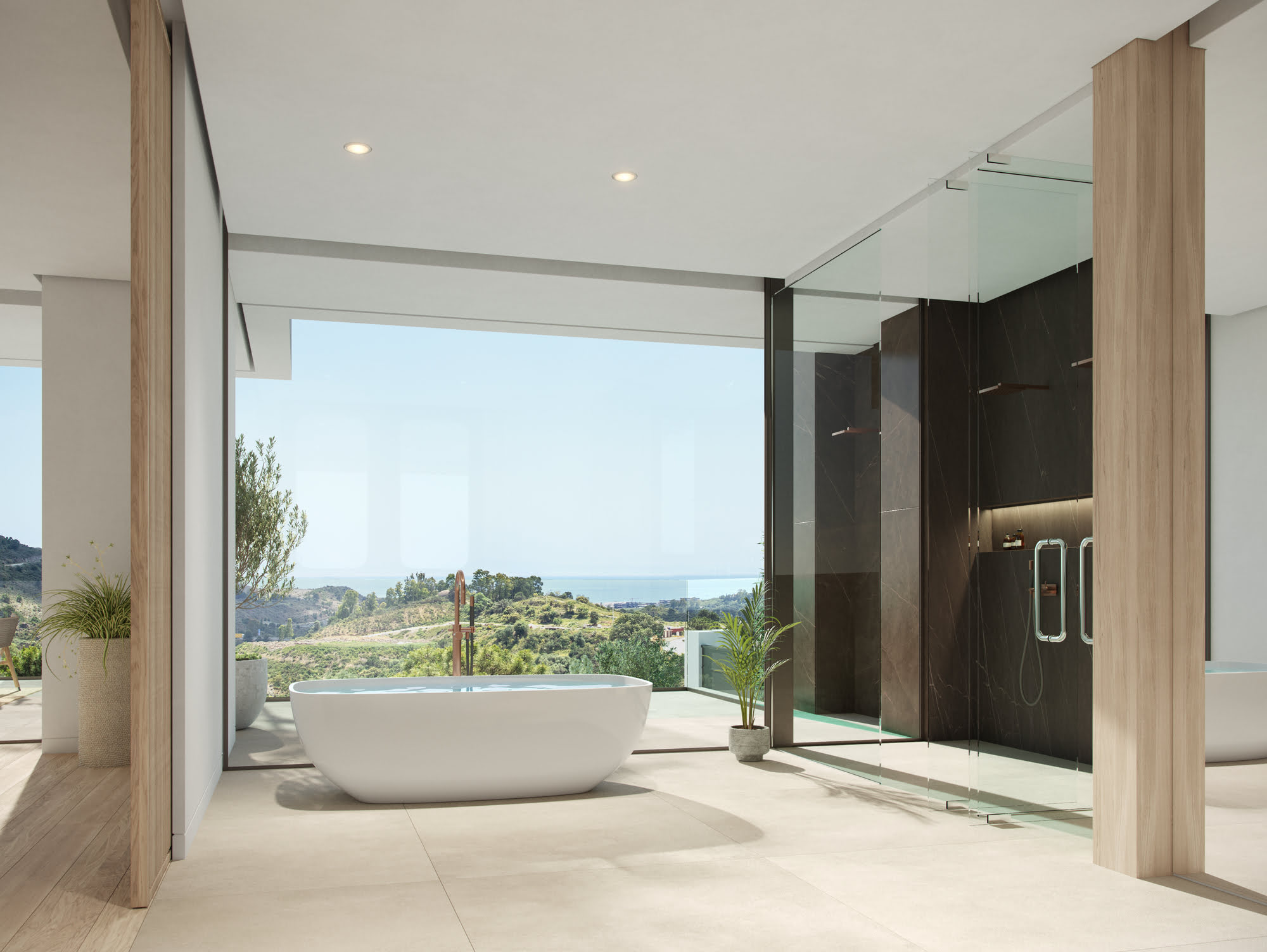 Night view of upper-level volumes and terrace lights