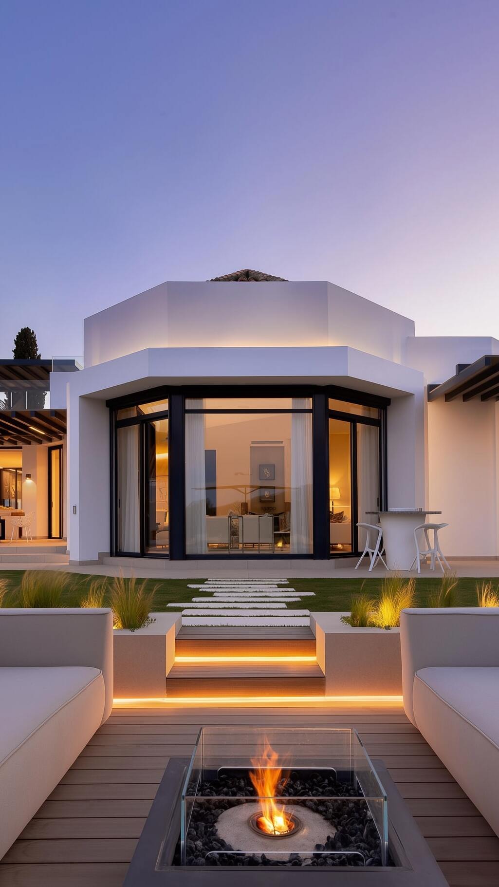 Evening lighting around pool and garden area