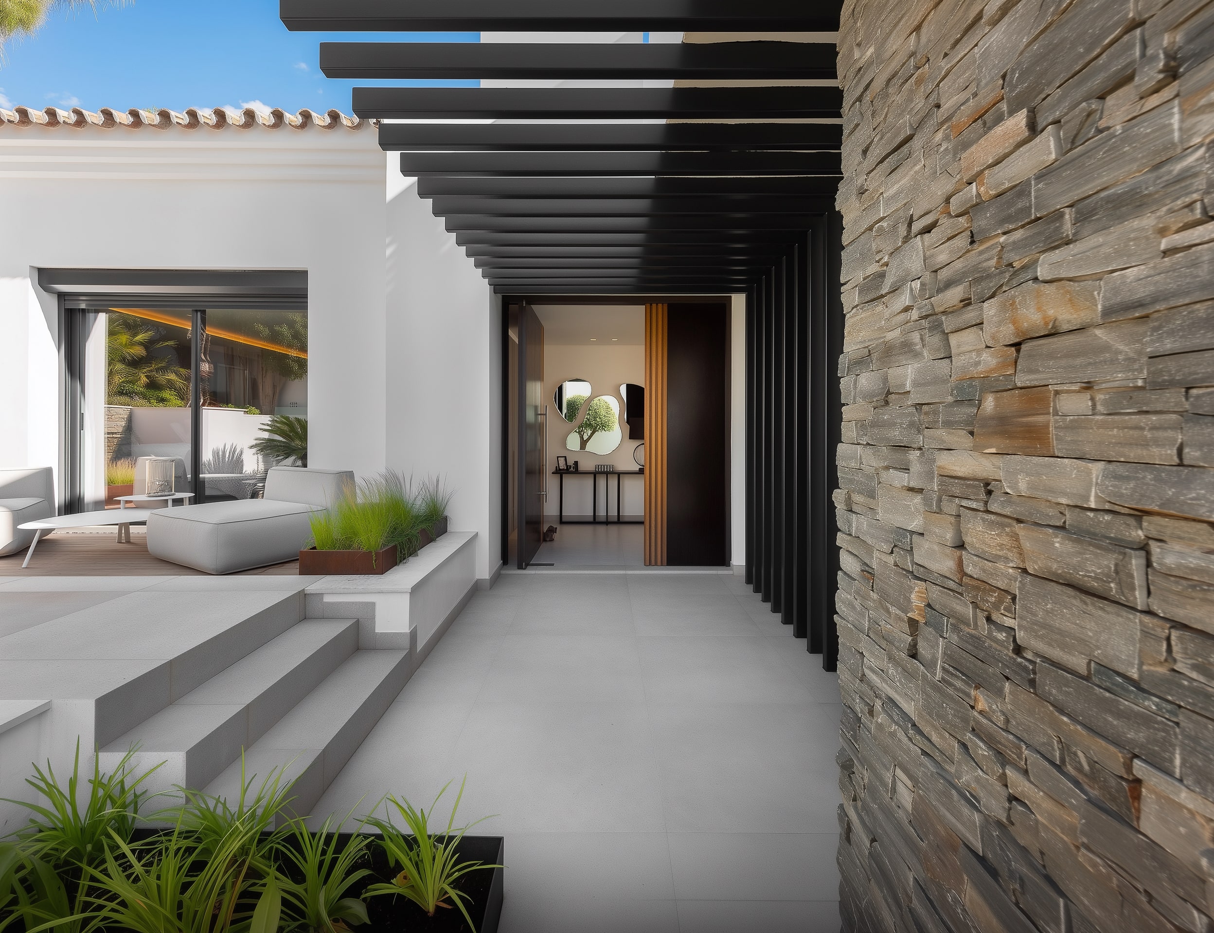 Dining area opening to garden with pergola shade