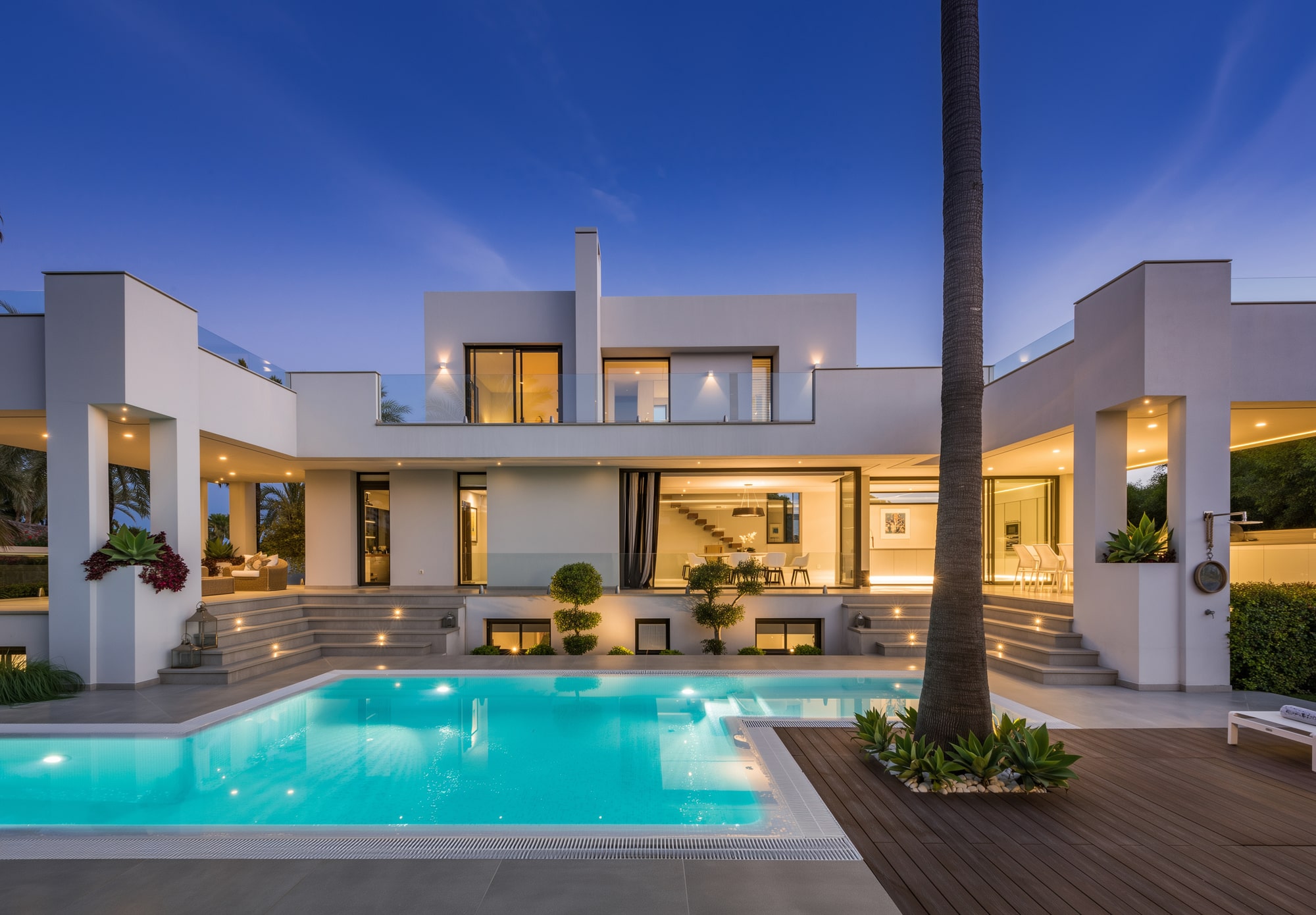 Minimalist landscaping with stone path leading to the villa