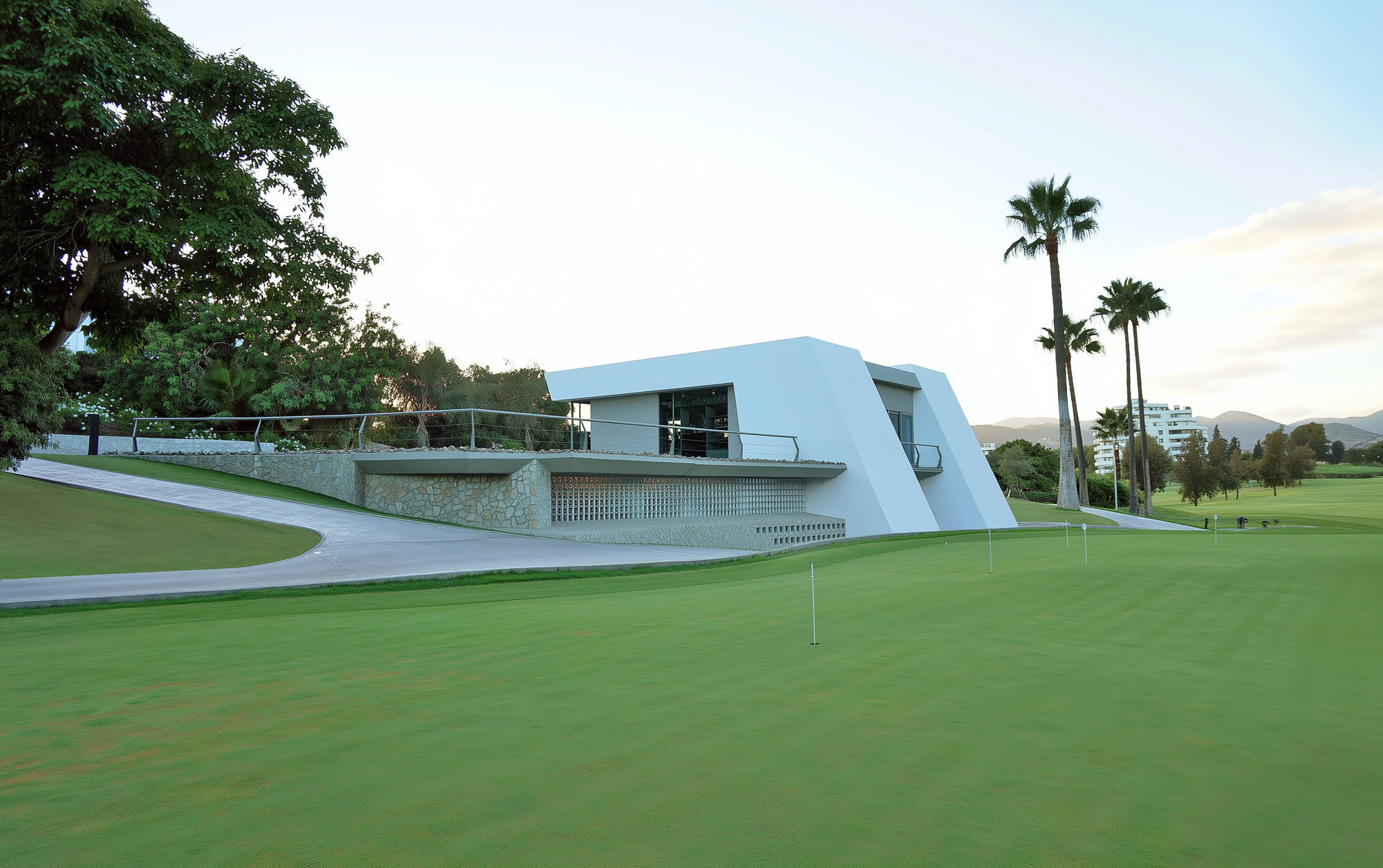 Architectural entrance path flanked by olive trees