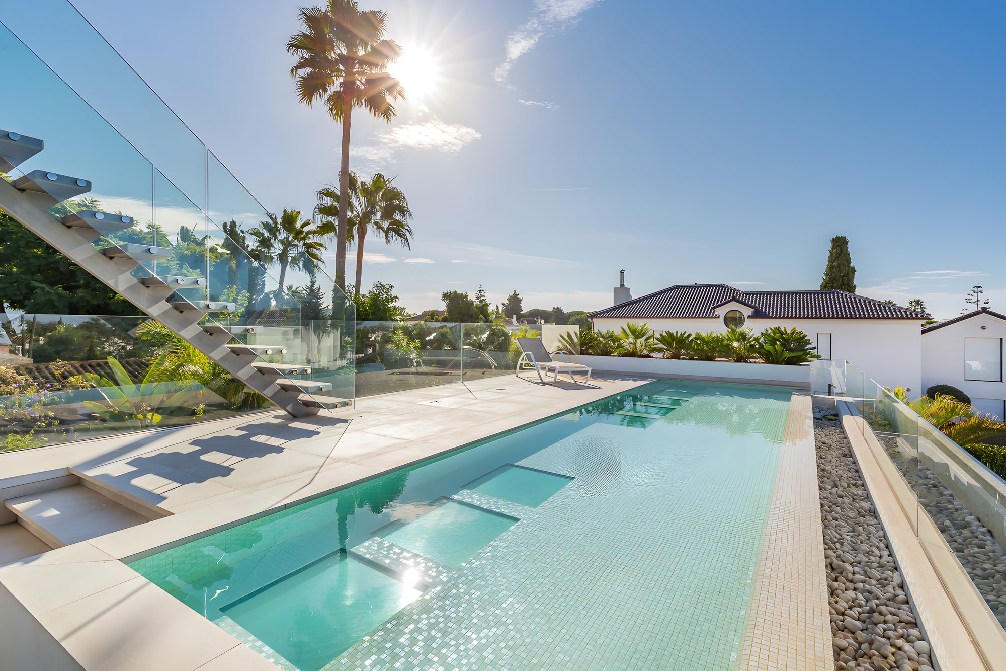 Architectural corner of villa with water-edge proximity