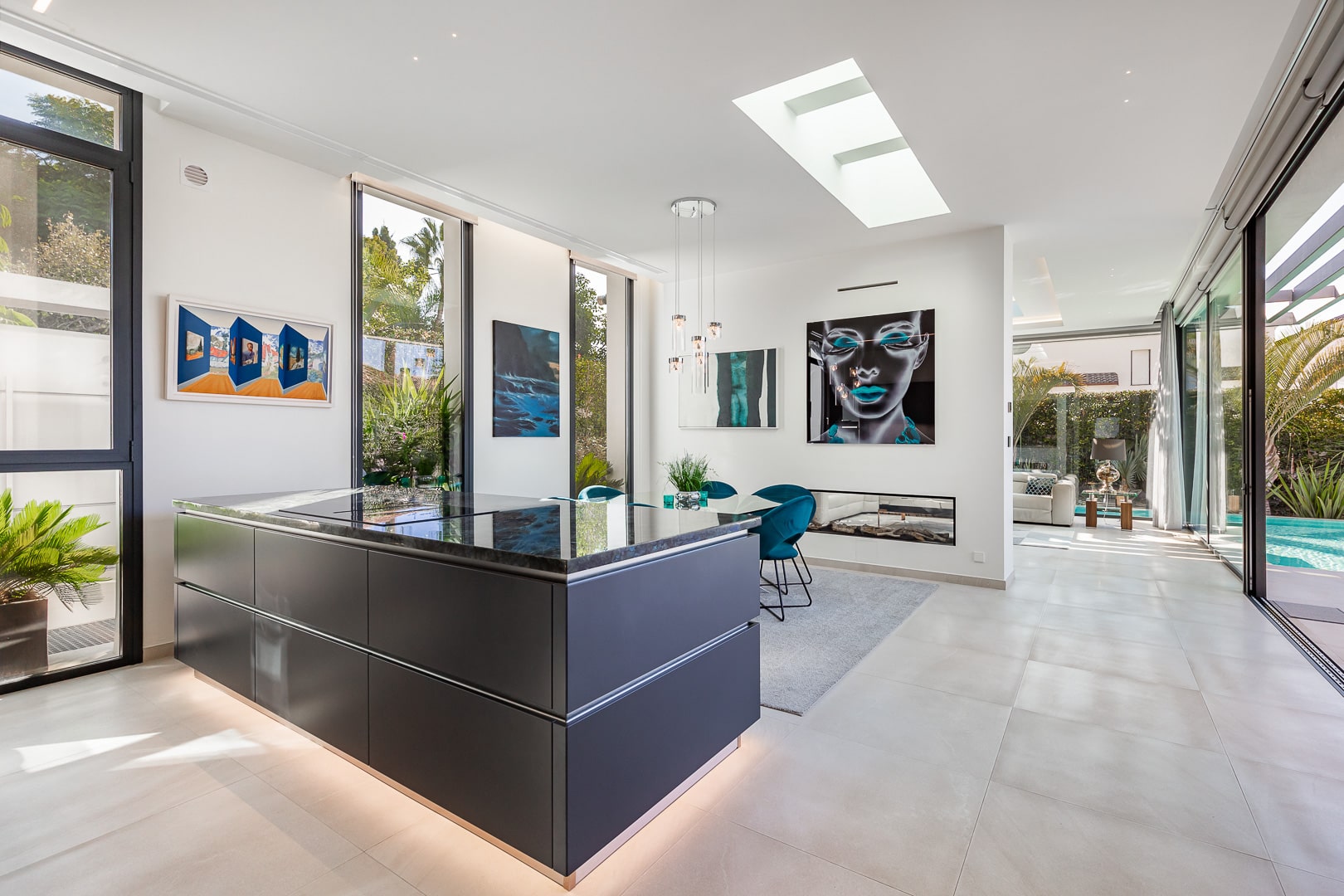 Bedroom with curtain glass façade and warm tones
