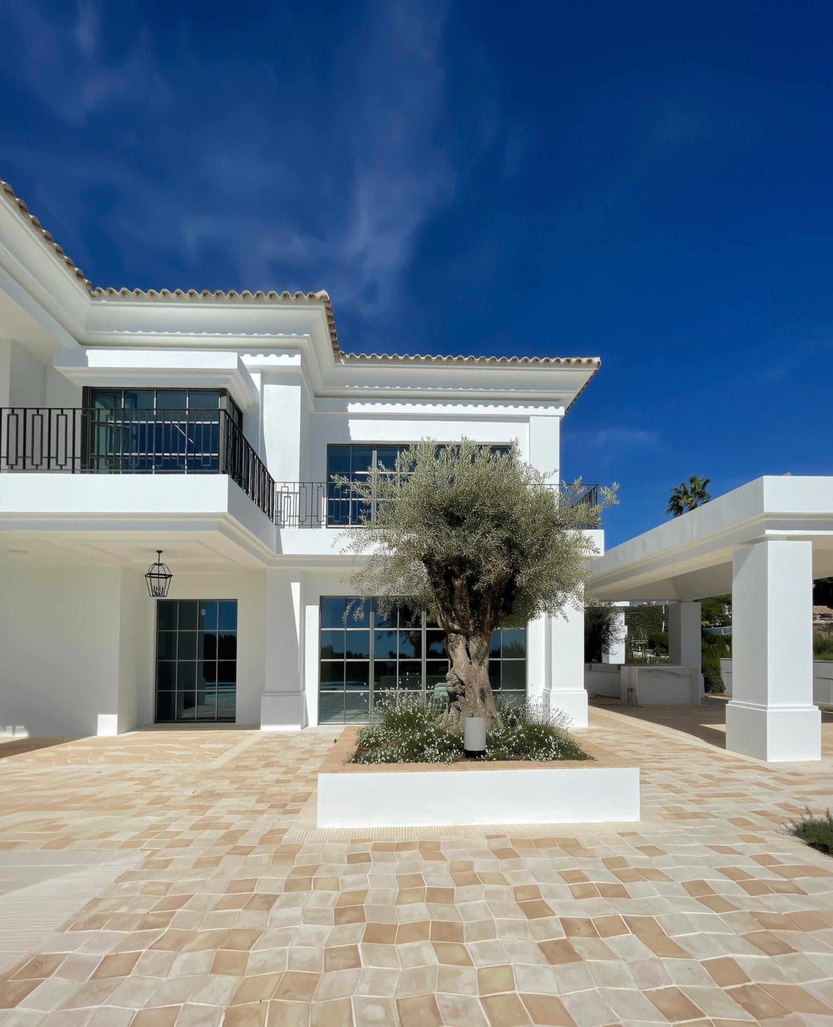 Frontal view of VILLA DIVA with manicured lawn and classic white facade
