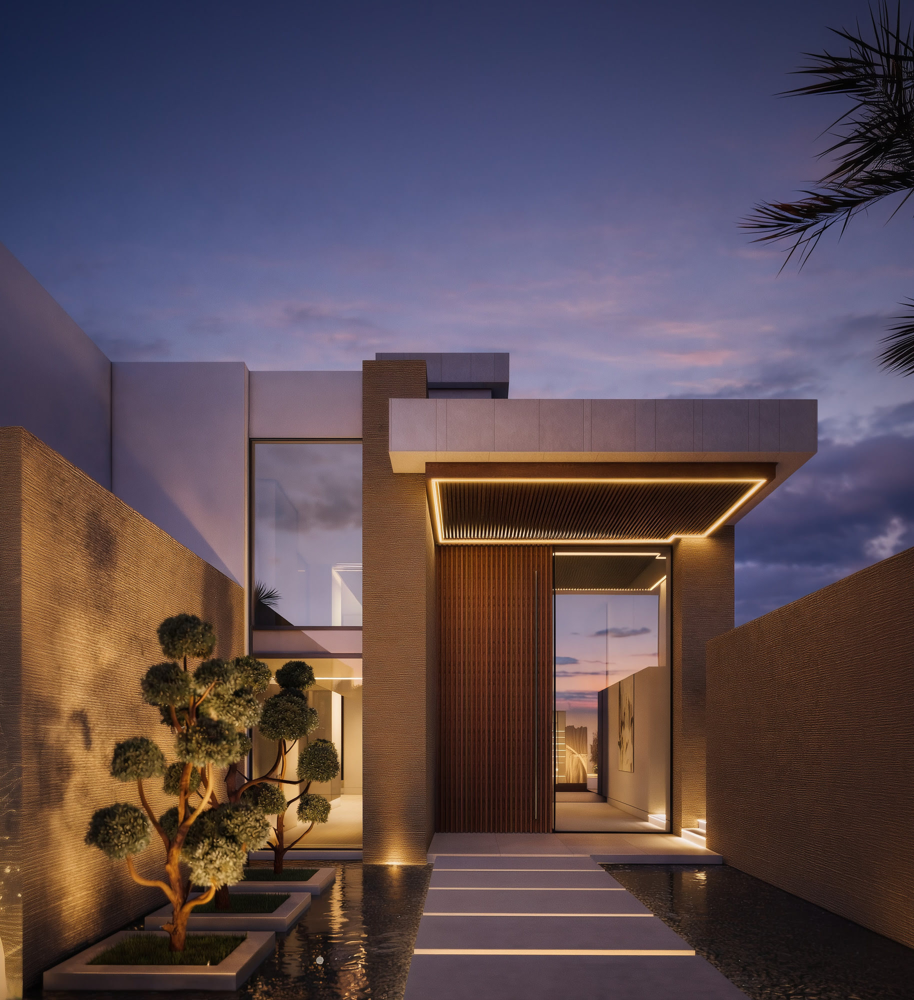 Lounge space at Villa FX with panoramic views and warm-toned materials