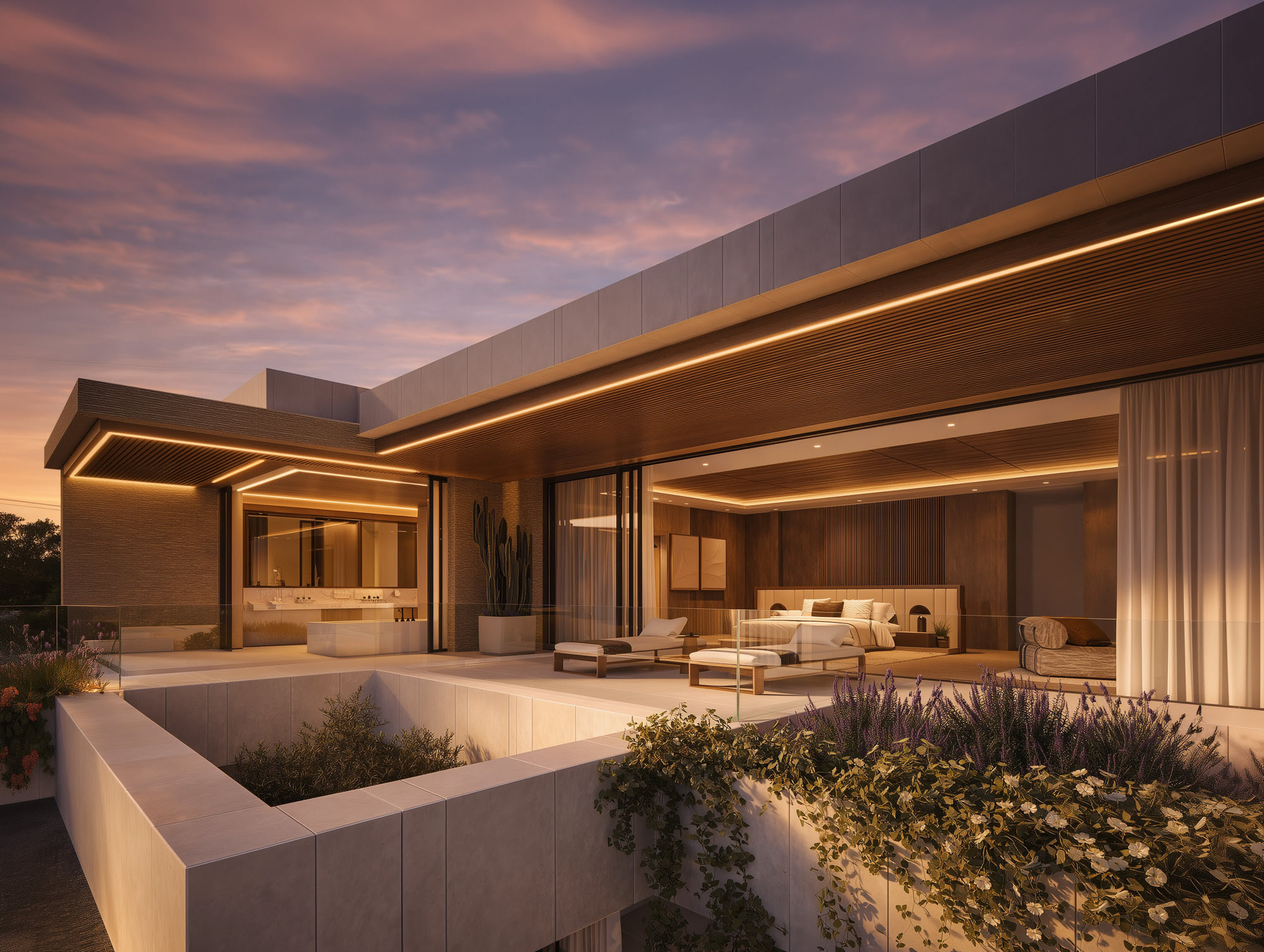 Primary suite in Villa FX with elegant finishes and direct connection to the garden