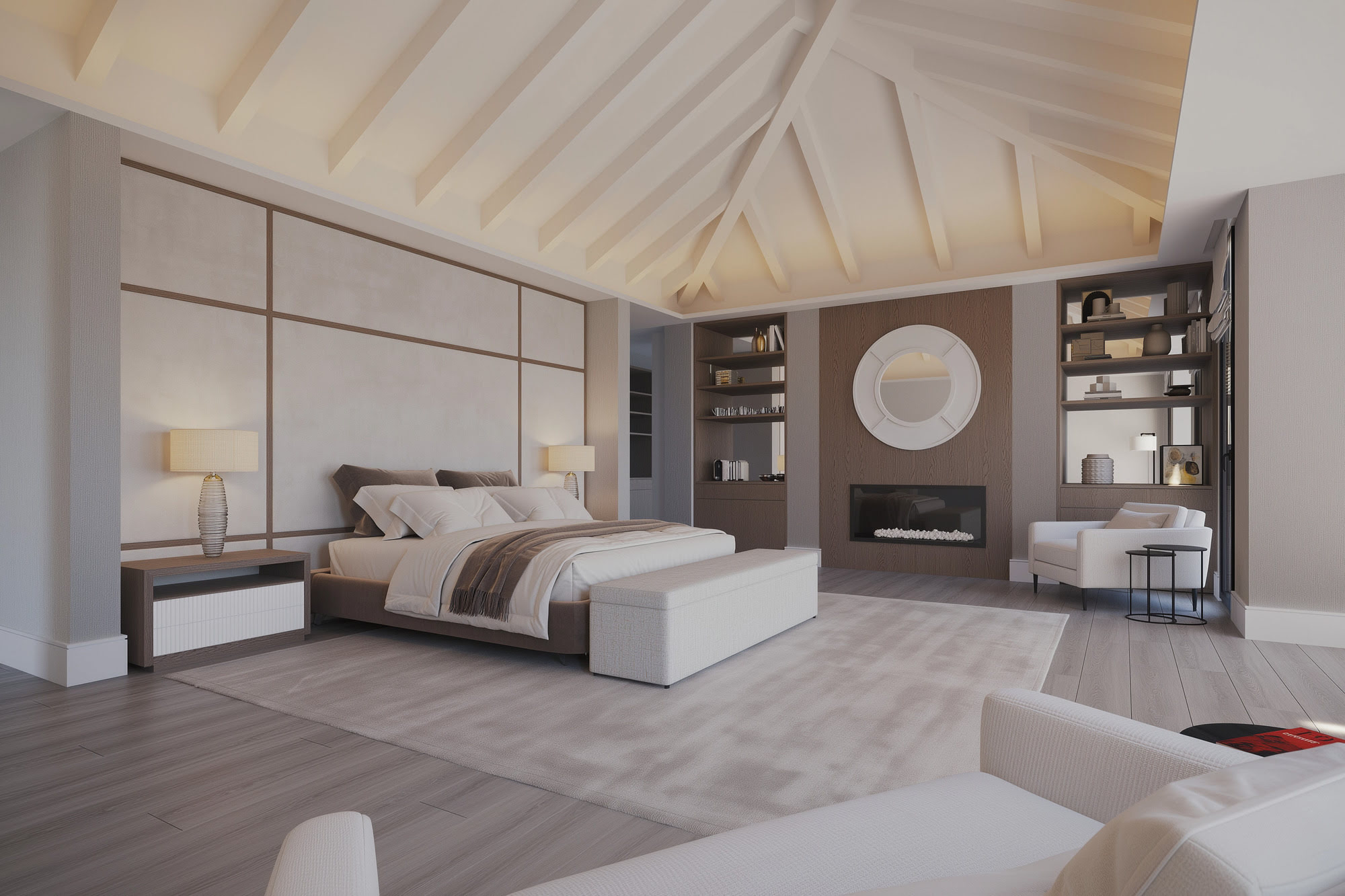 Bedroom suite at Villa H35 with soft neutral palette, built-in shelving and serene spatial character