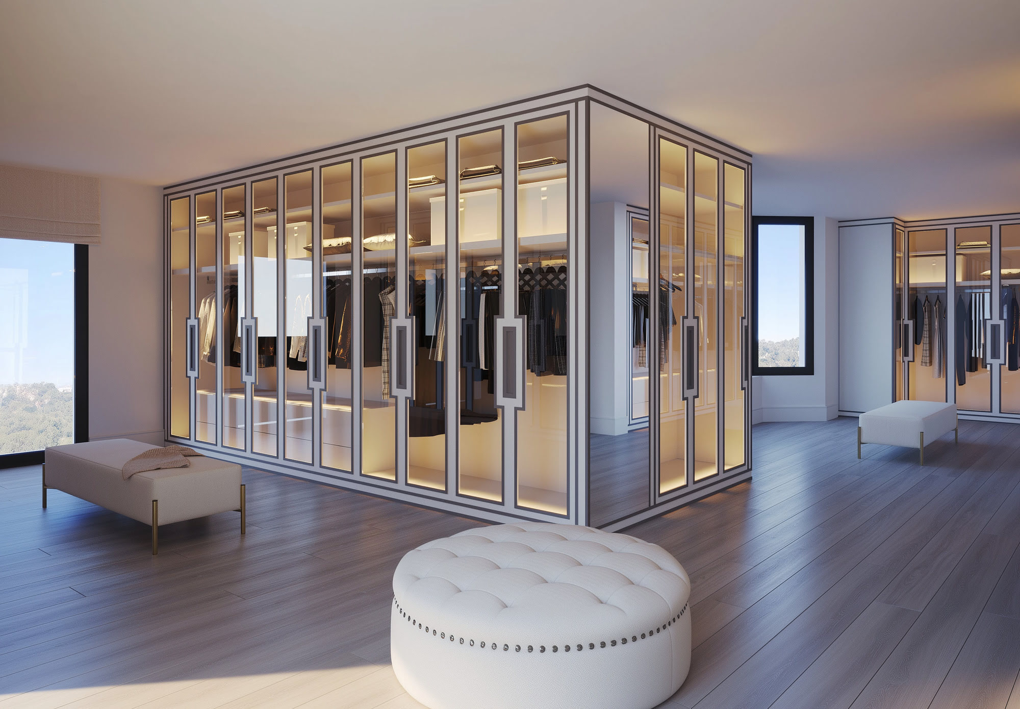 Dressing room at Villa H35 with timber-lined wardrobes, central seating and refined circulation
