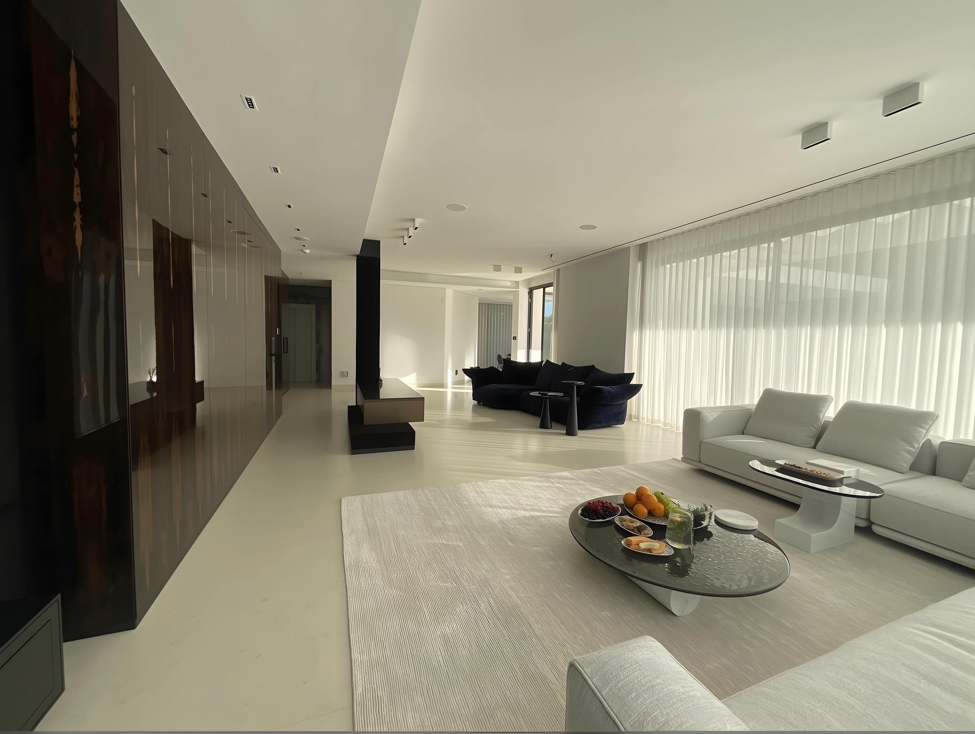 Exterior terrace framed by columns and glass walls