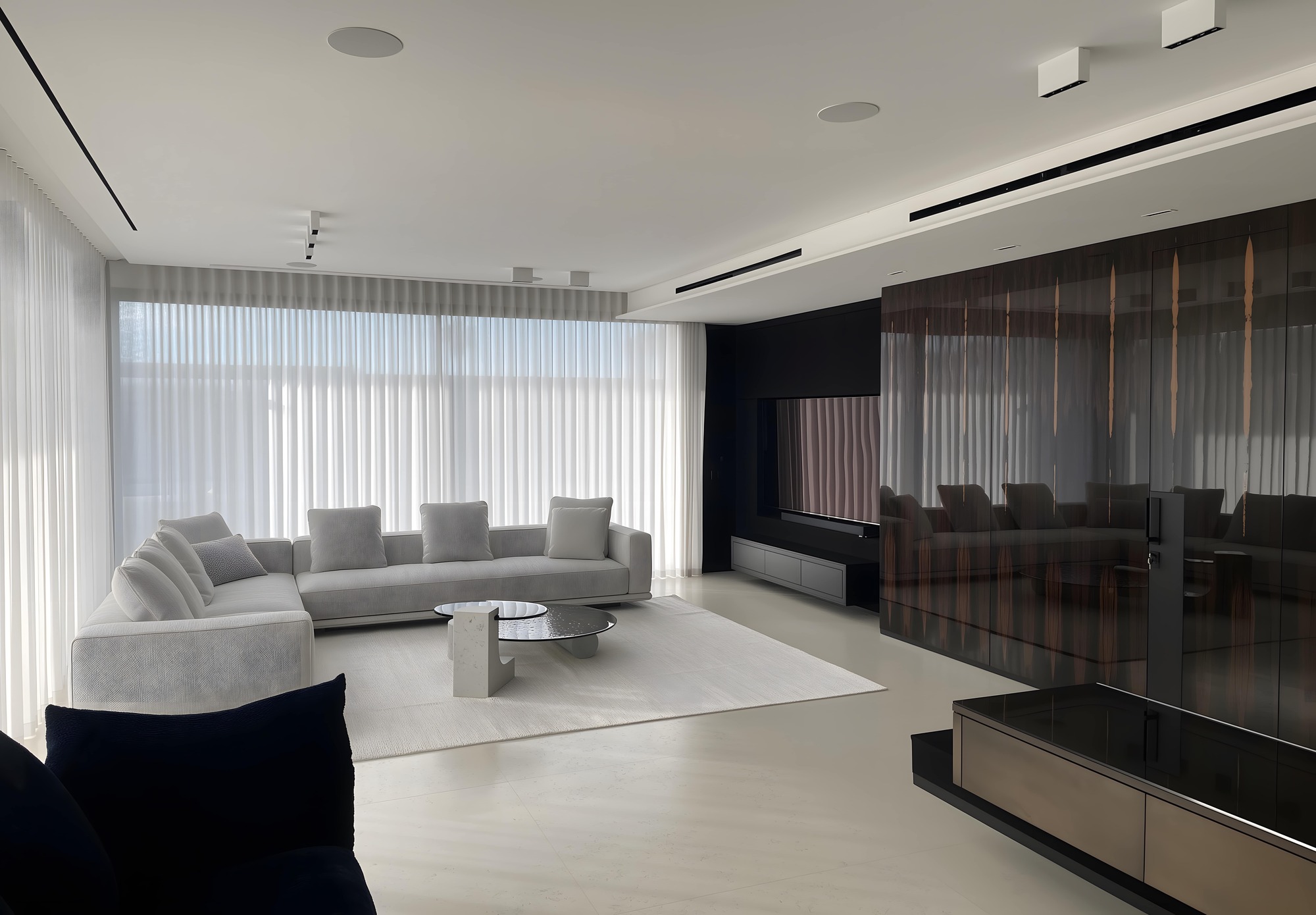 Open living room facing the pool and garden