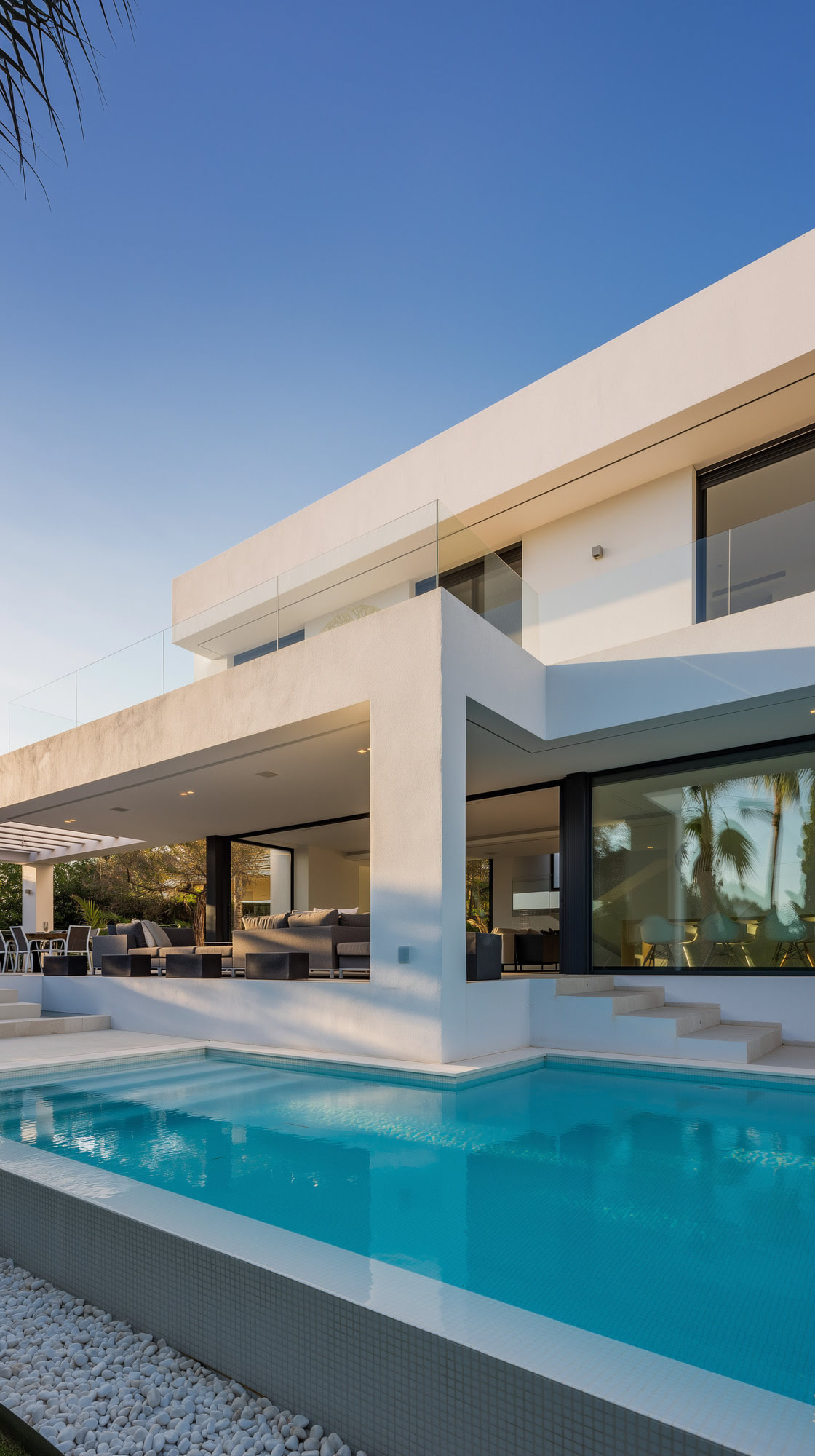 Sunset light on M152 terrace and pool reflection