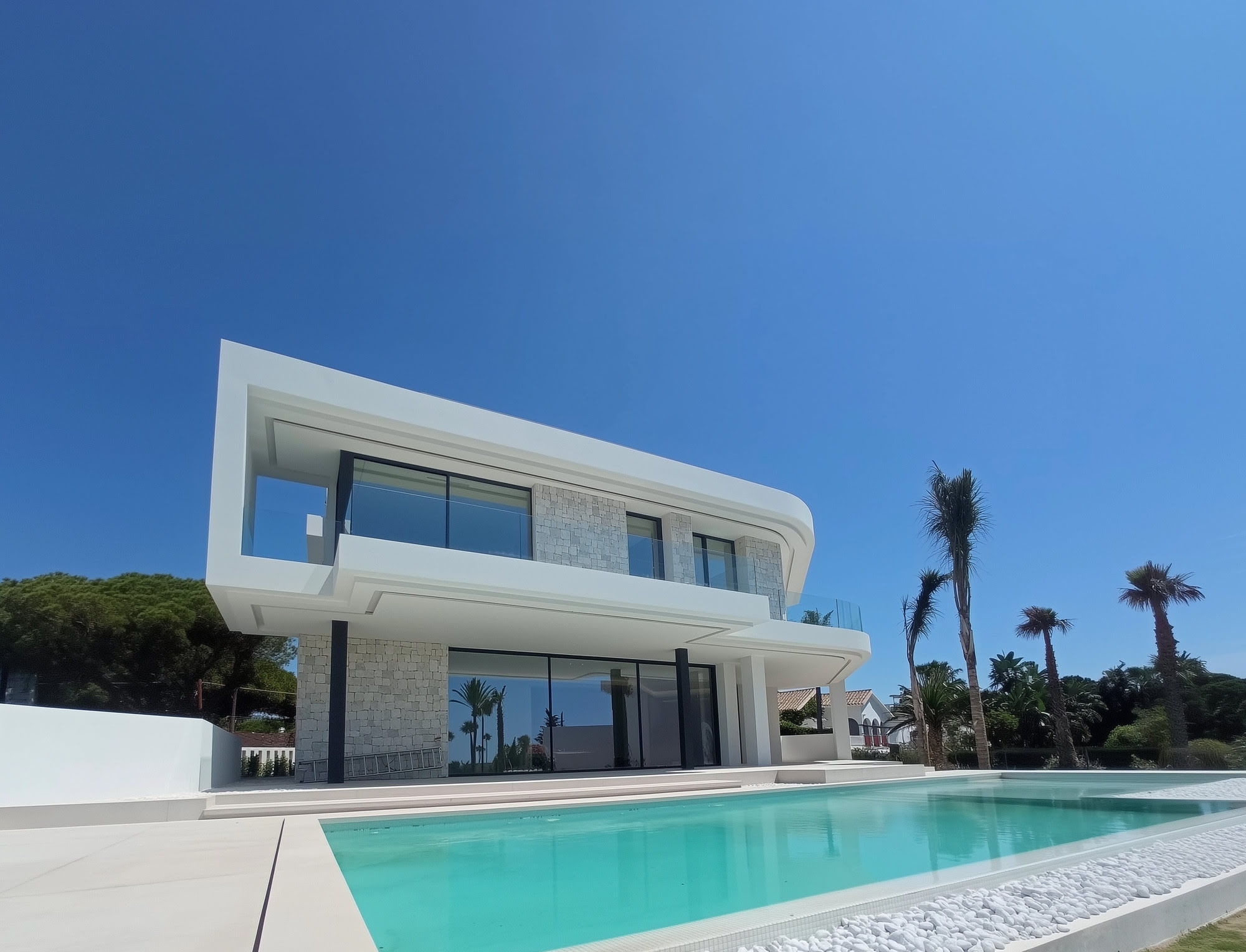 Evening light illuminating curved balcony lines
