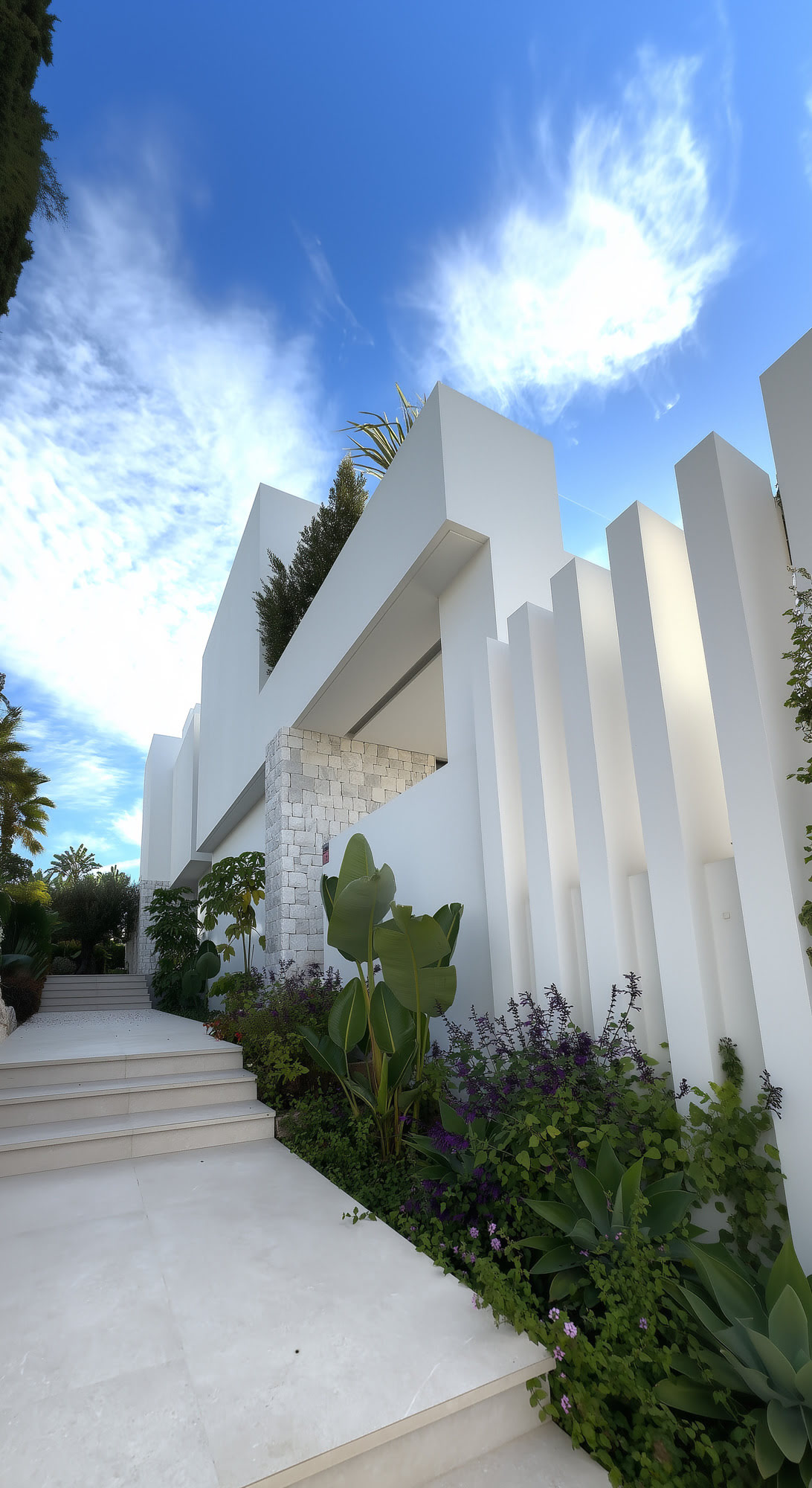 Side elevation with deep overhangs and vertical rhythm