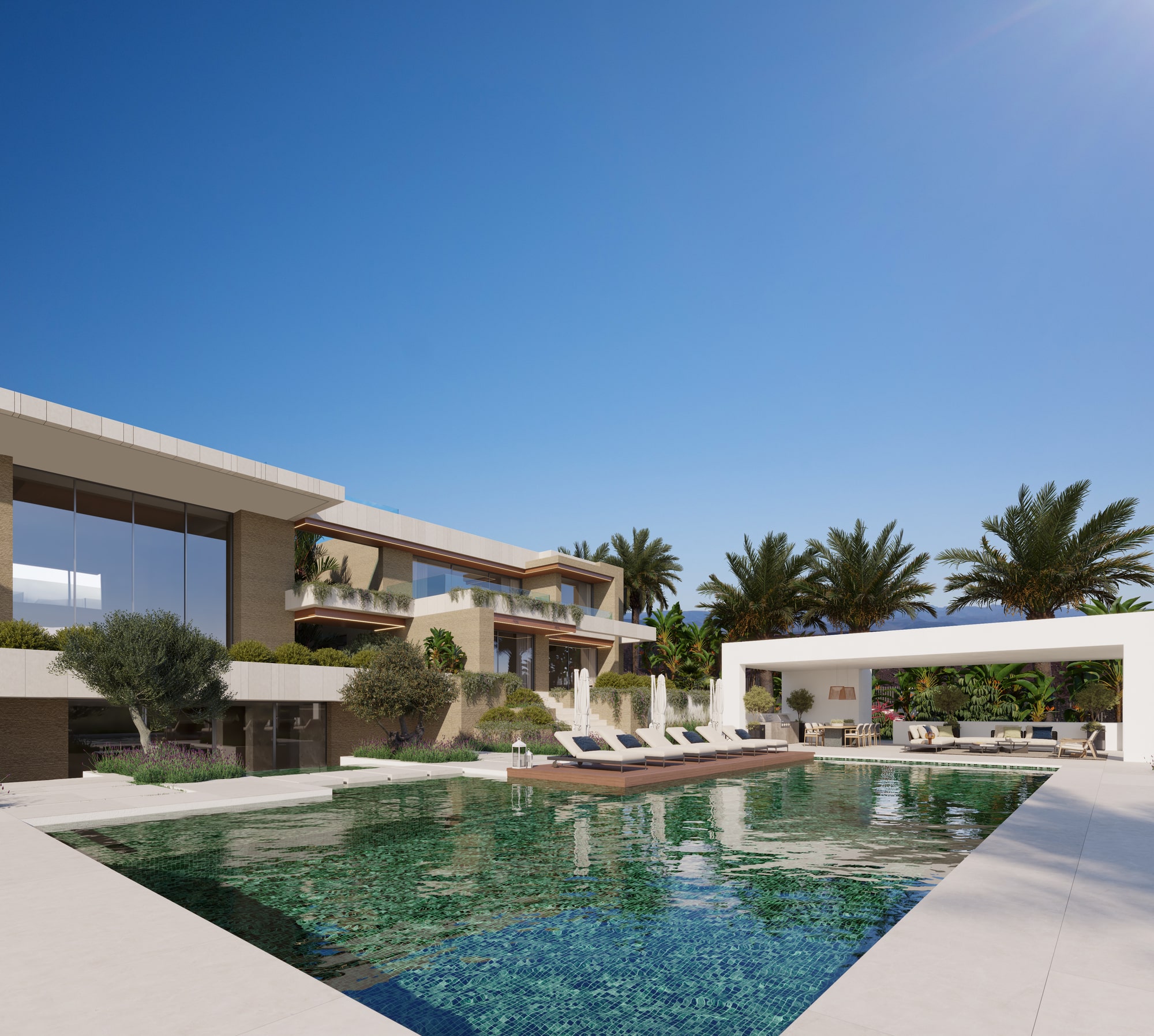 Main façade of VILLA FX with architectural volumes and Mediterranean garden