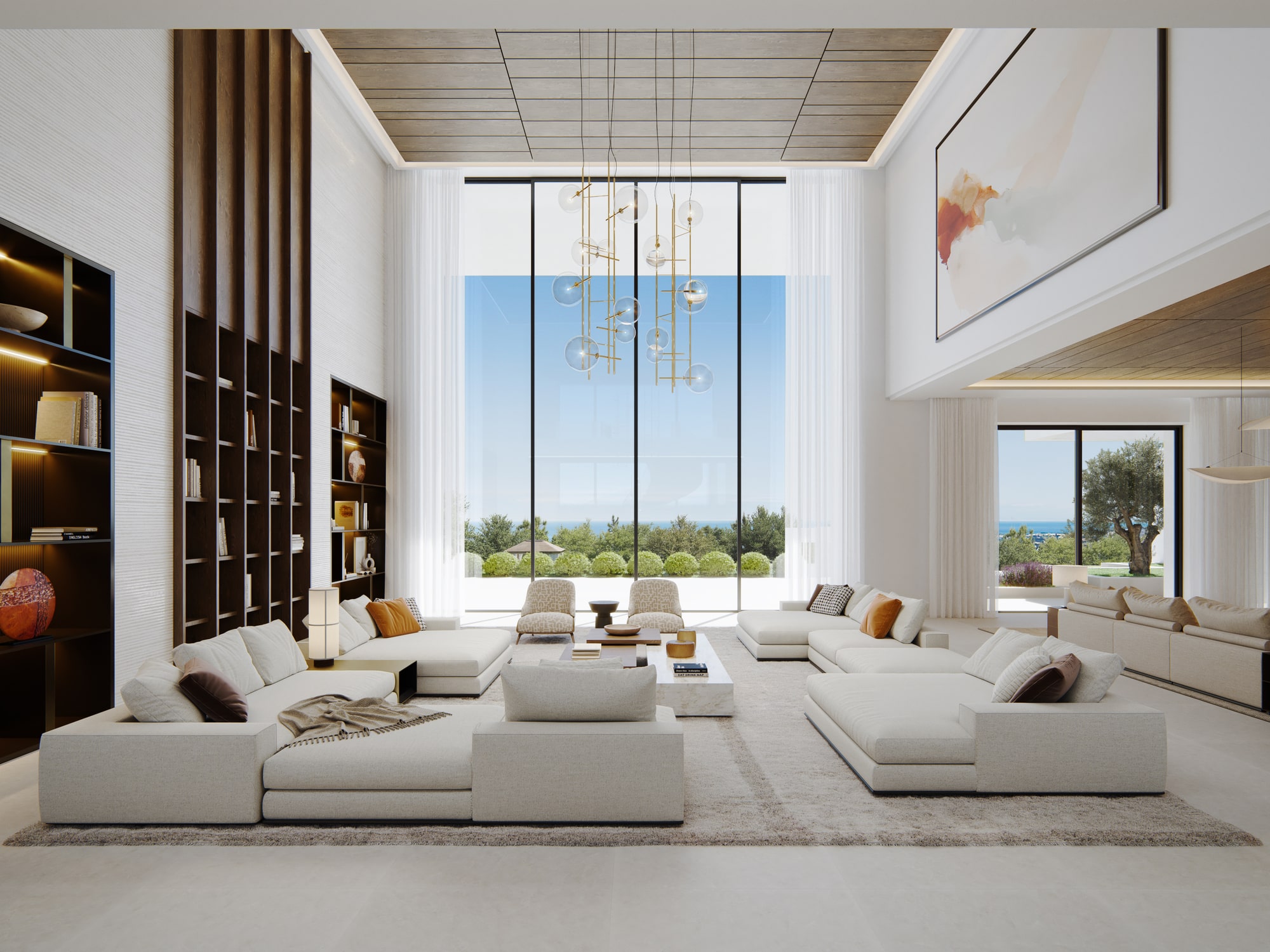 Contemporary living area in VILLA FX with ceiling height windows