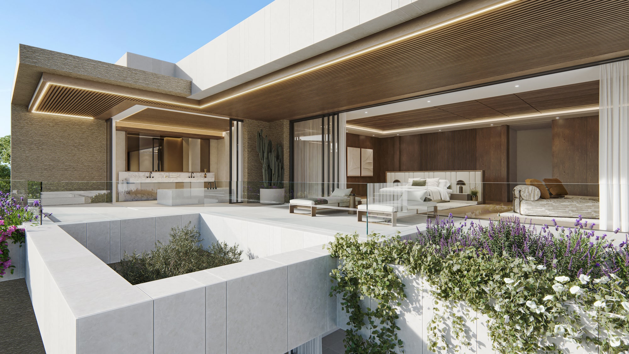 Master suite in VILLA FX with elegant finishes and garden access