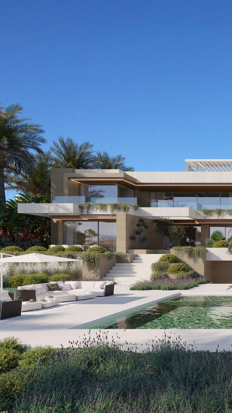 Architectural elevation of VILLA FX from garden perspective