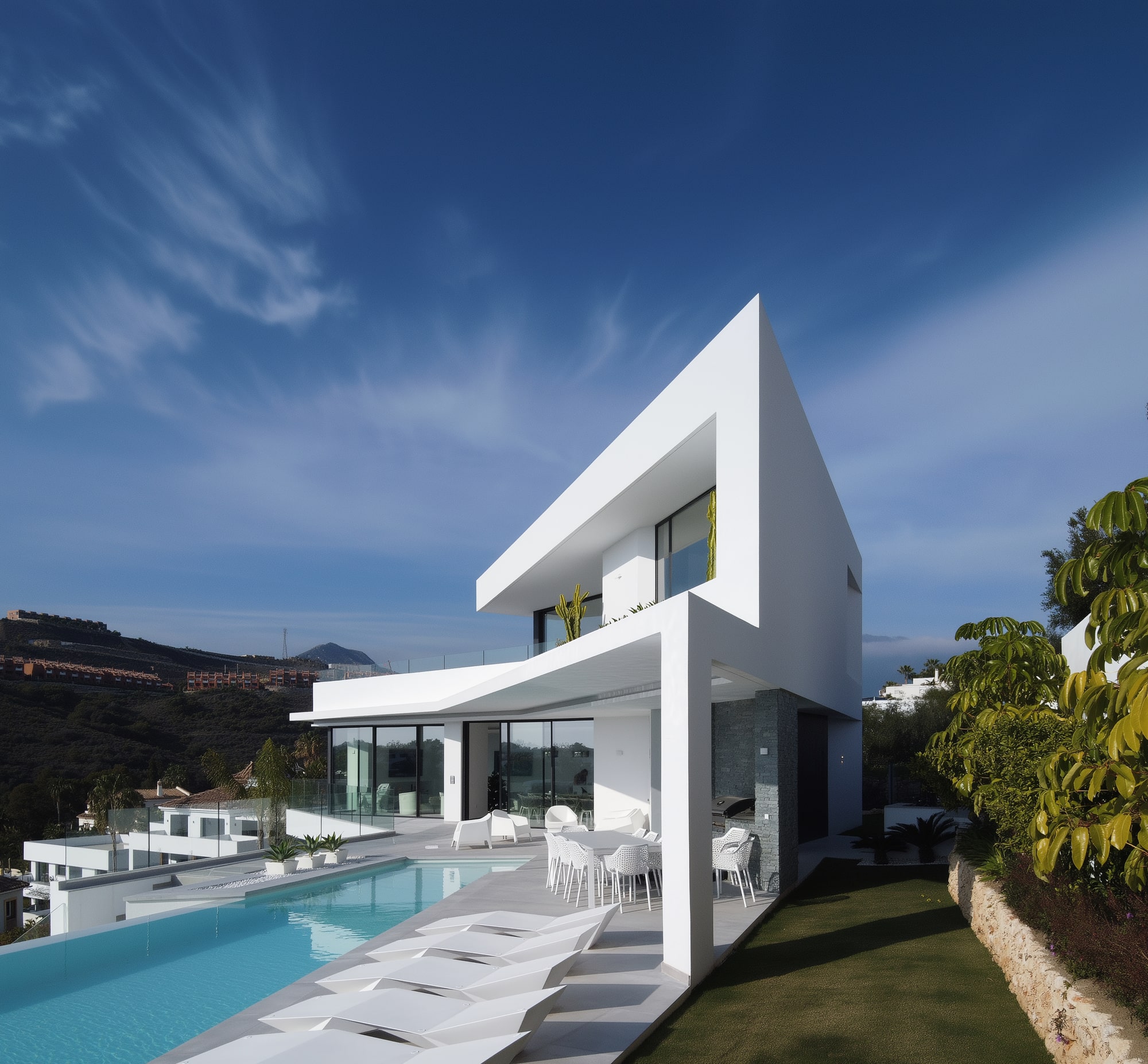 Infinity pool extending toward the hillside landscape