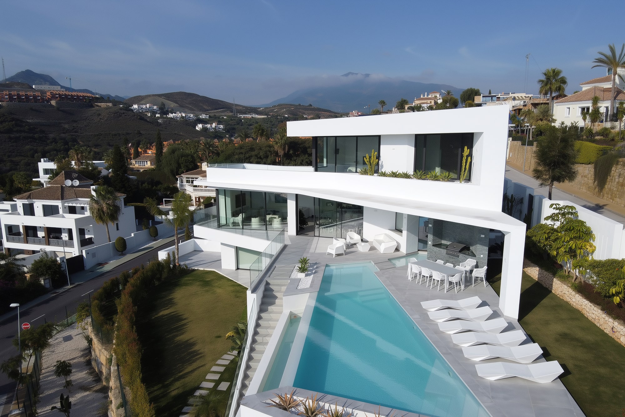 Geometric overhangs and modern outdoor lounge area