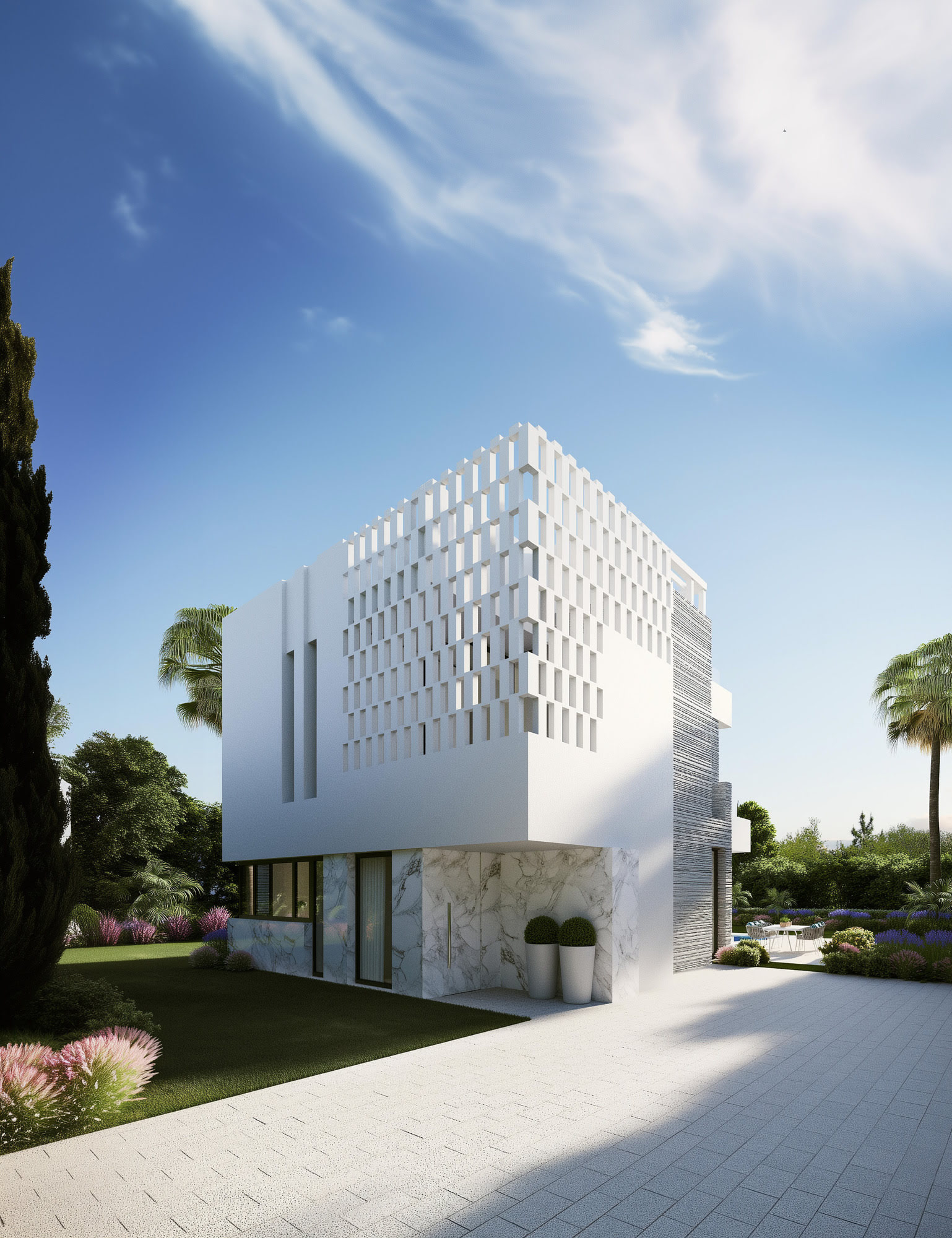 VILLA RÍO VERDE – garden view with pool and compact modern volume