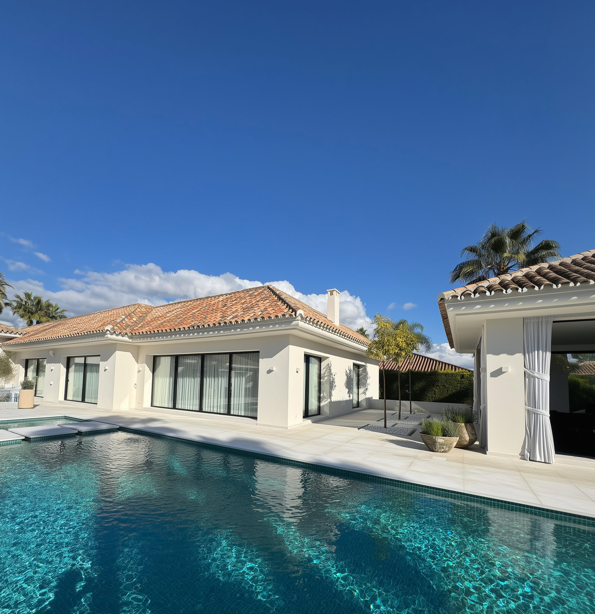 View of VILLA SHANGRI-LA with terracotta tiled roof and poolside terrace