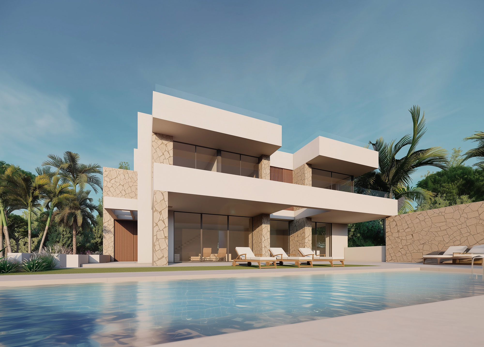 TEJON – fachada principal simétrica con volúmenes blancos y piedra natural