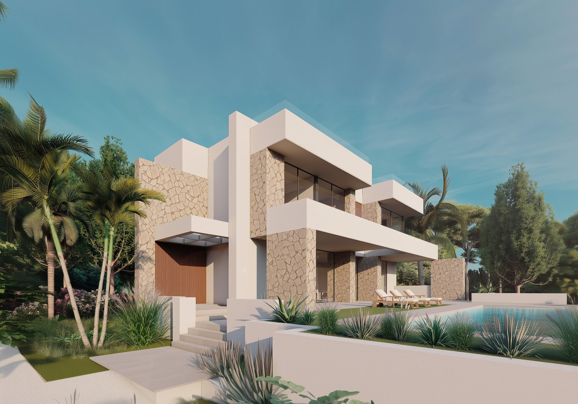 Piscina lineal y terraza abierta con tumbonas frente a ventanales