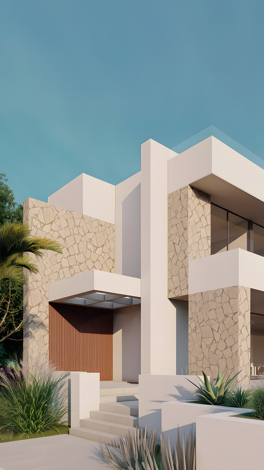 Detalle de fachada con celosía vertical de madera y muros de piedra