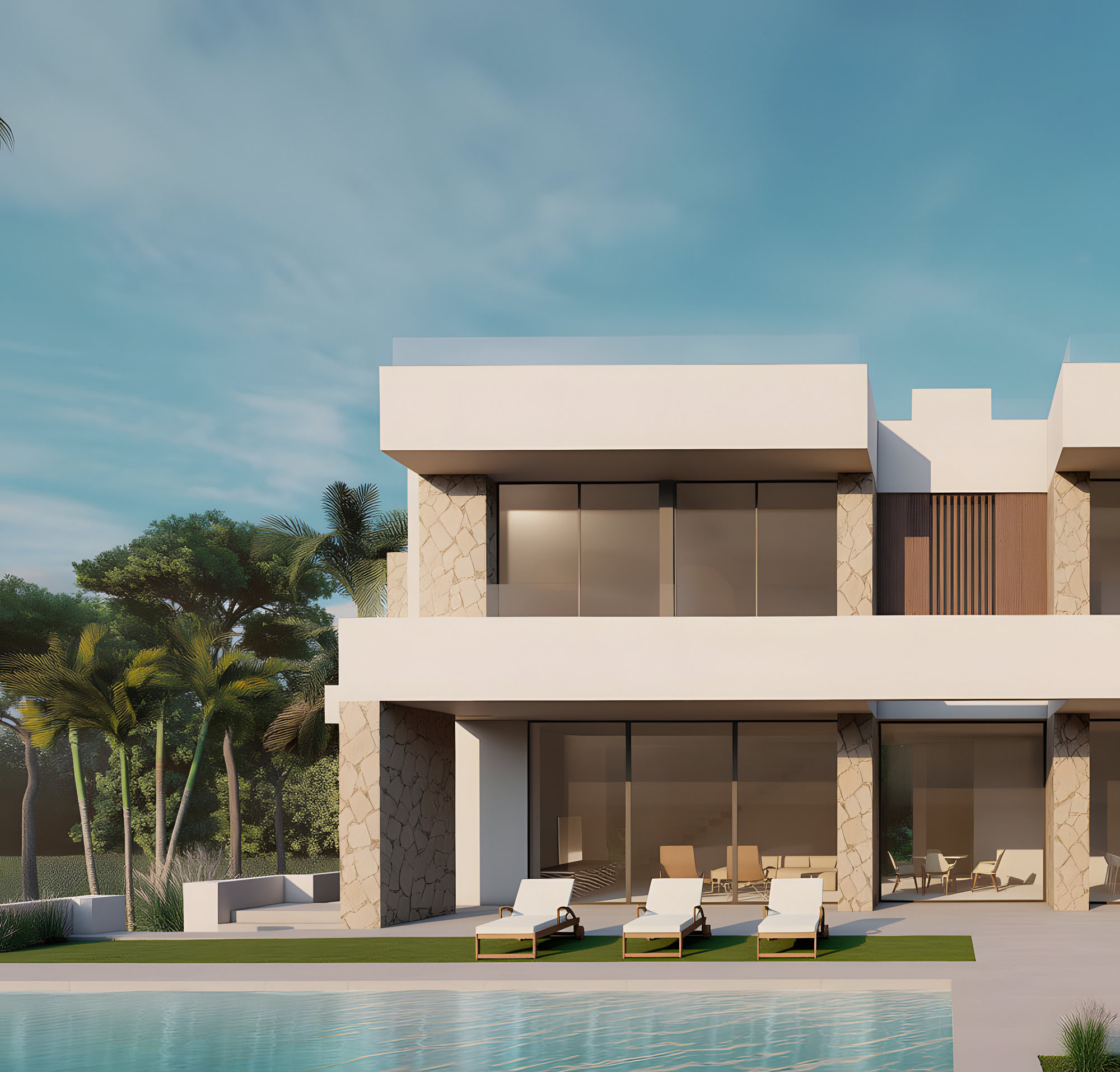 Zona de estar exterior bajo voladizo con vistas al jardín