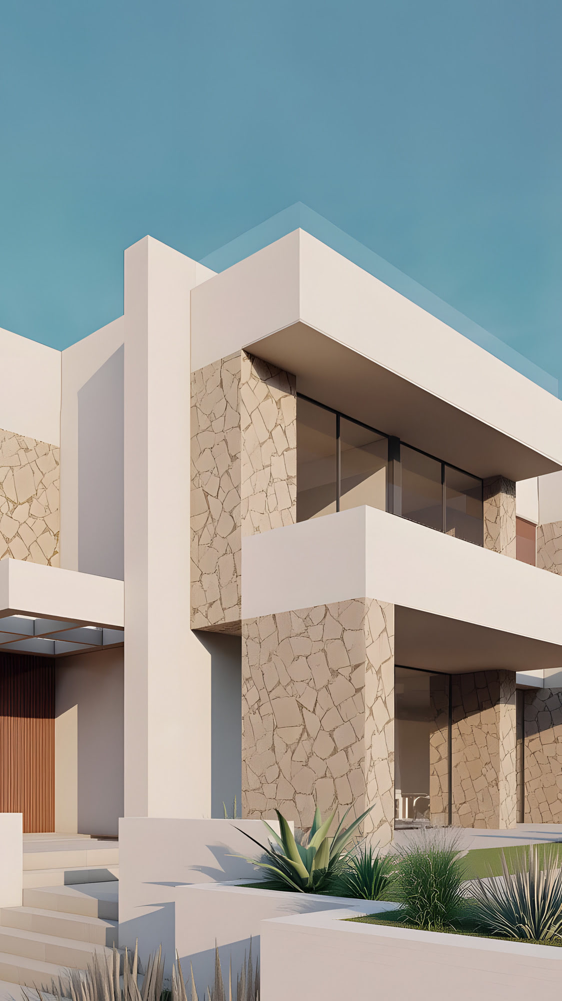 Perspectiva desde la piscina realzando la geometría y vegetación