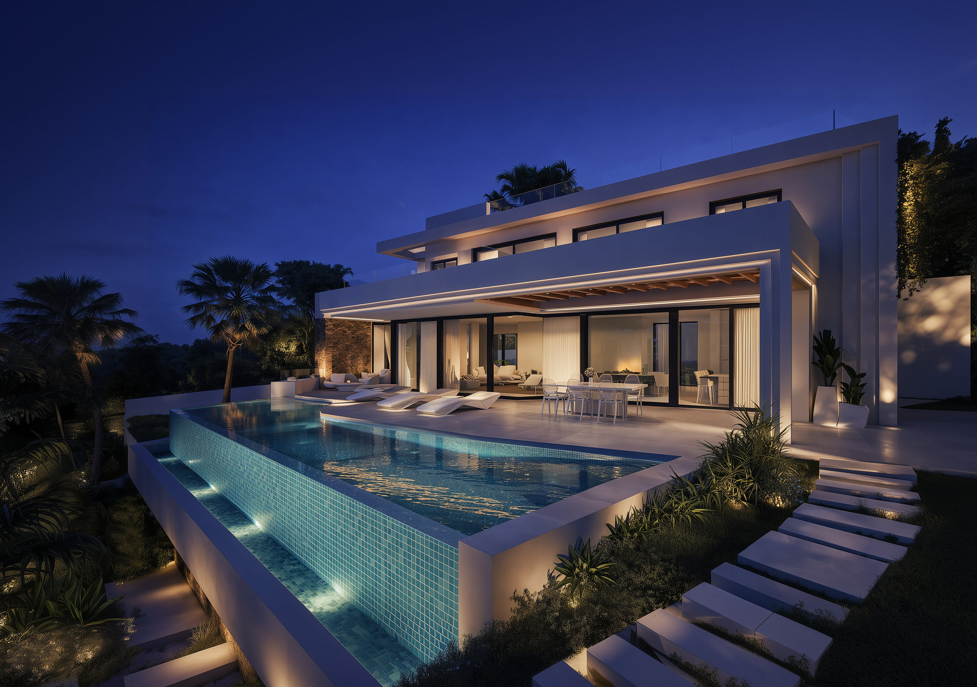 Corner view of Villa Torrenueva showing infinity-edge pool, broad glazing and stepped outdoor sequence