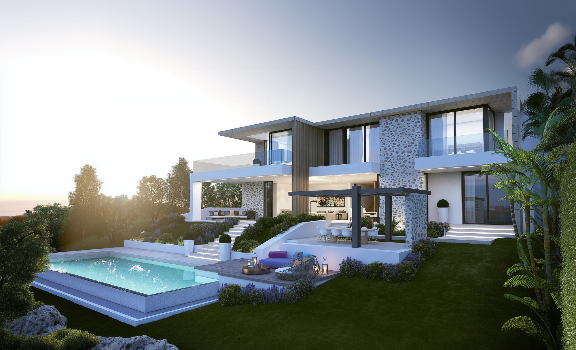 UA211 – fachada contemporánea al atardecer con texturas naturales y geometría pura