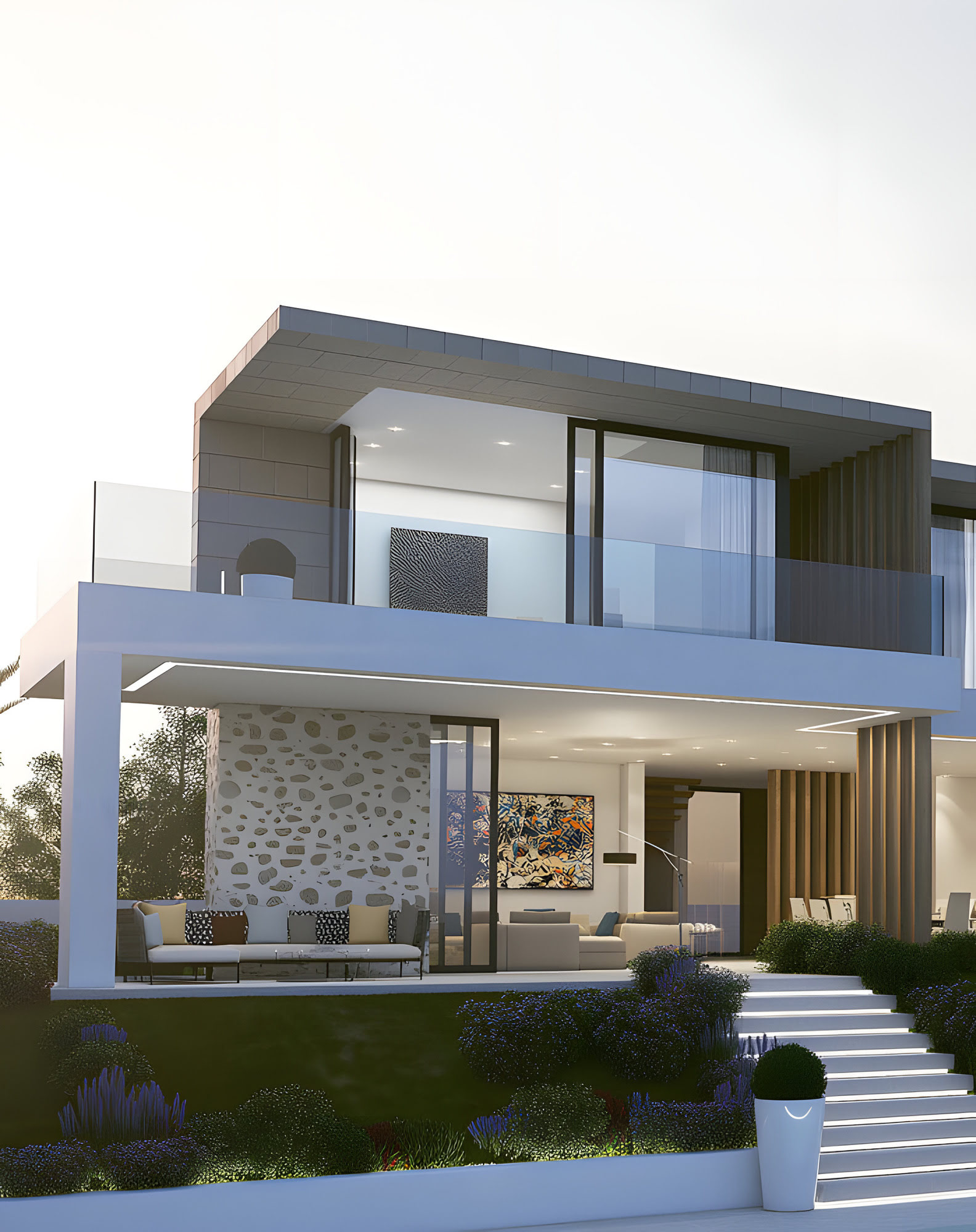 Piscina desbordante con escalera central, jardín aterrazado y vistas abiertas