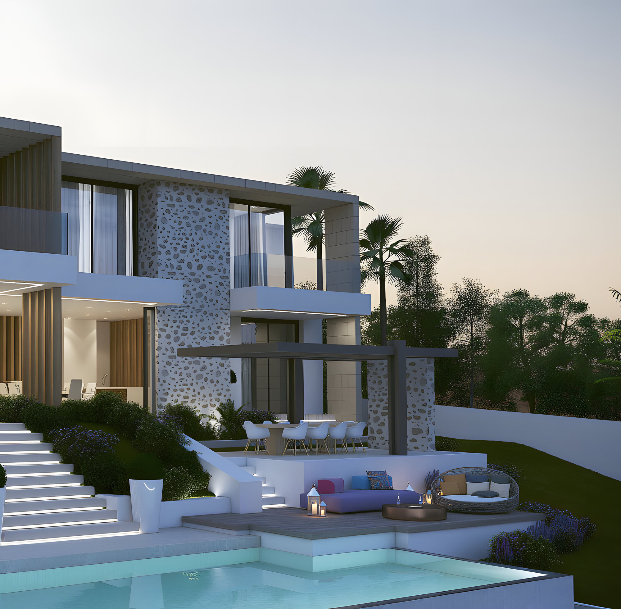 Zona lounge exterior con chimenea integrada y mobiliario mediterráneo